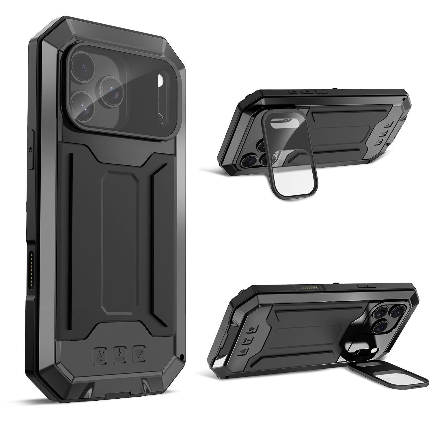 Compatible with iPhone 18 Pro R-JUST Sliding Camera IP54 Life Waterproof Holder Phone Case - Black
