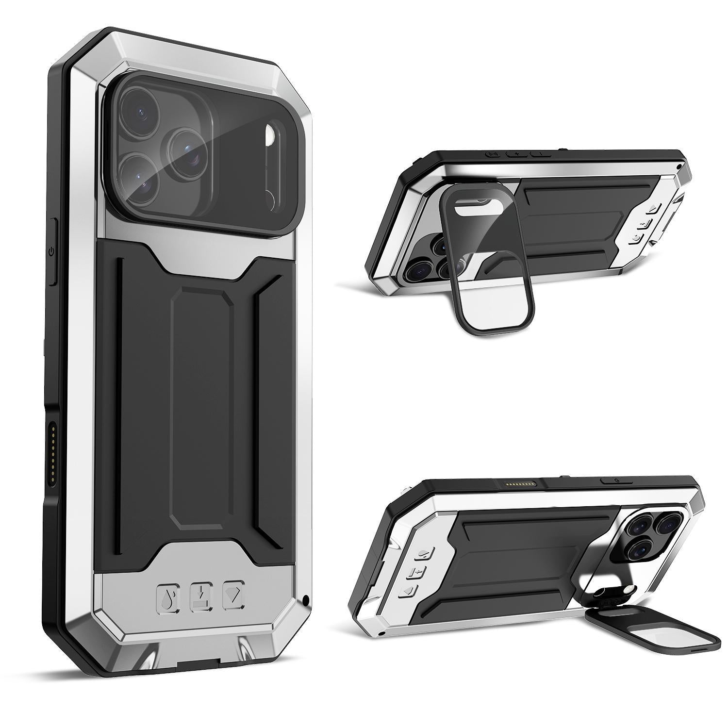 Compatible with iPhone 18 Pro R-JUST Sliding Camera IP54 Life Waterproof Holder Phone Case - Silver