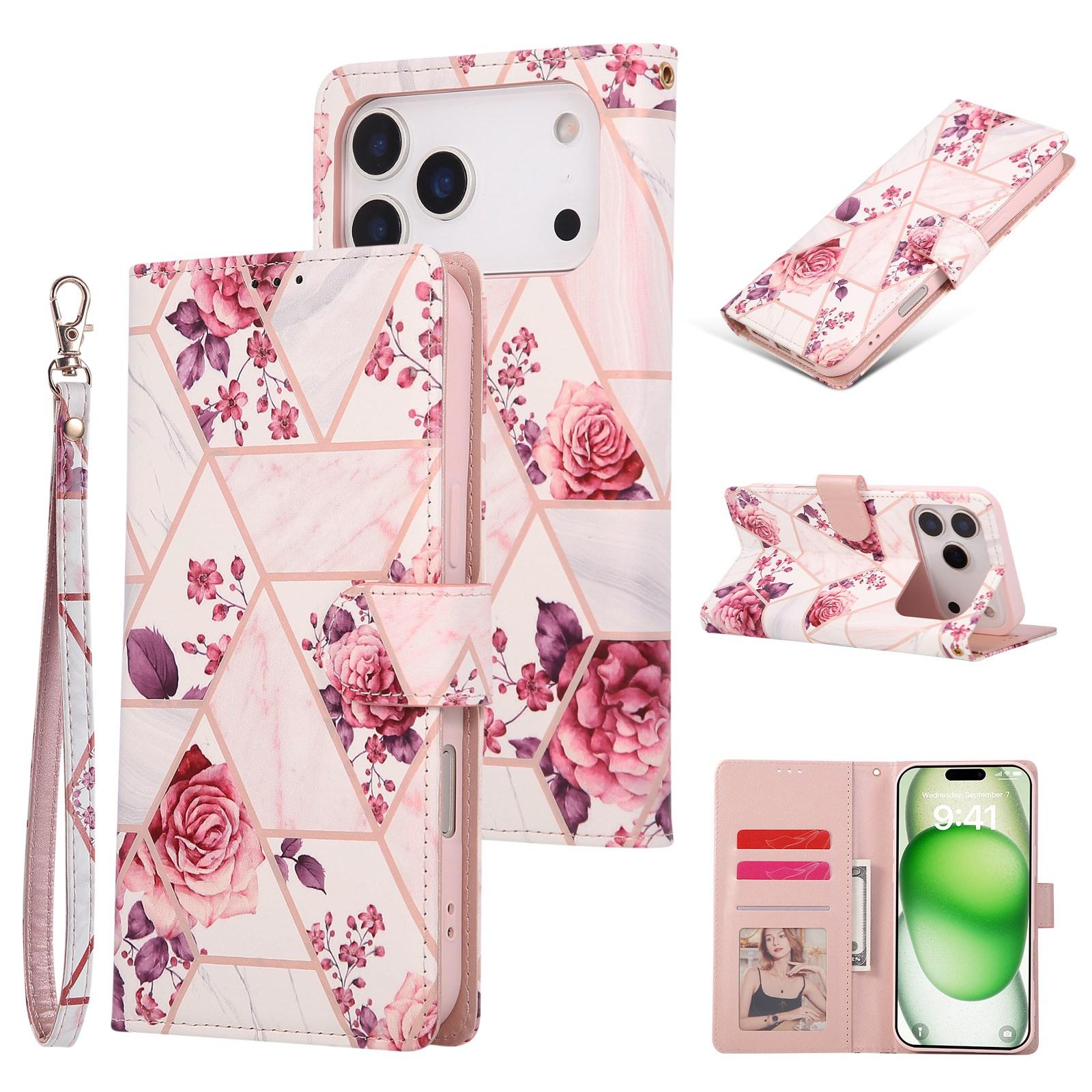 Compatible with iPhone 18 Pro & 17 Pro Marble Bronzing Stitching Leather Phone Case - Rose Gold