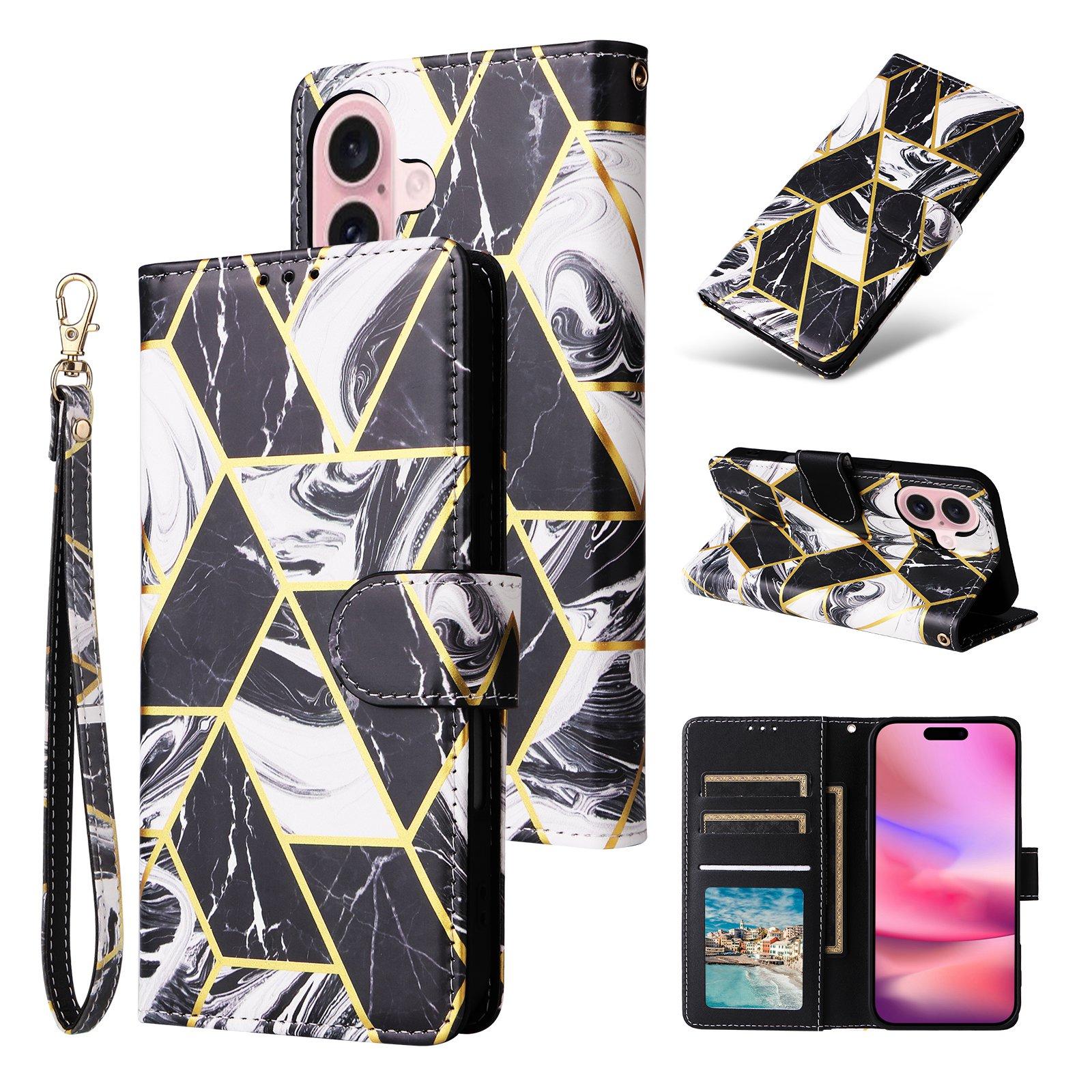 Compatible with iPhone 18 & 17 Marble Bronzing Stitching Leather Phone Case - Black