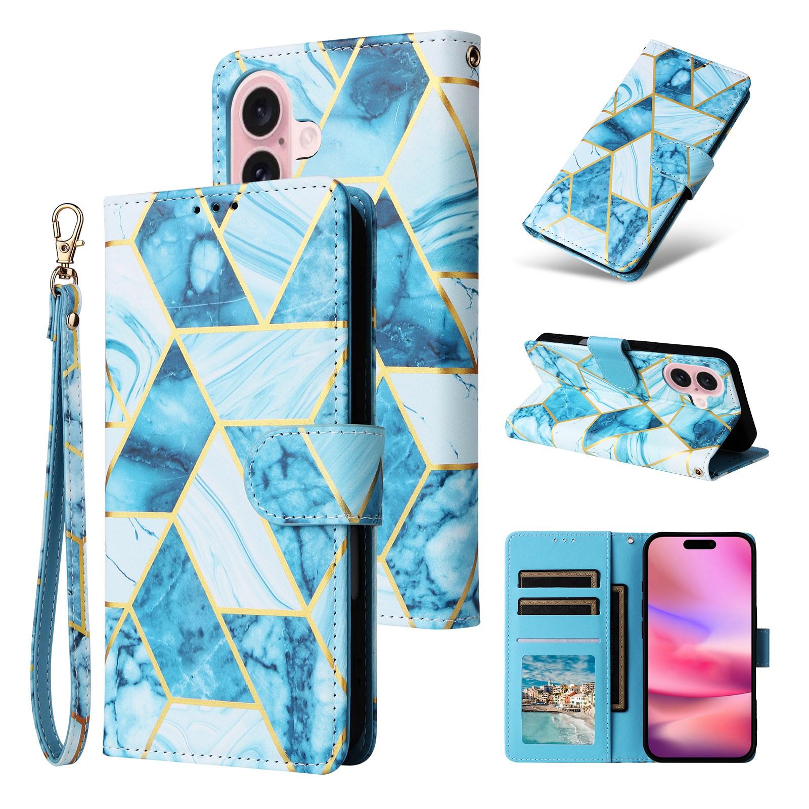 Compatible with iPhone 18 & 17 Marble Bronzing Stitching Leather Phone Case - Blue