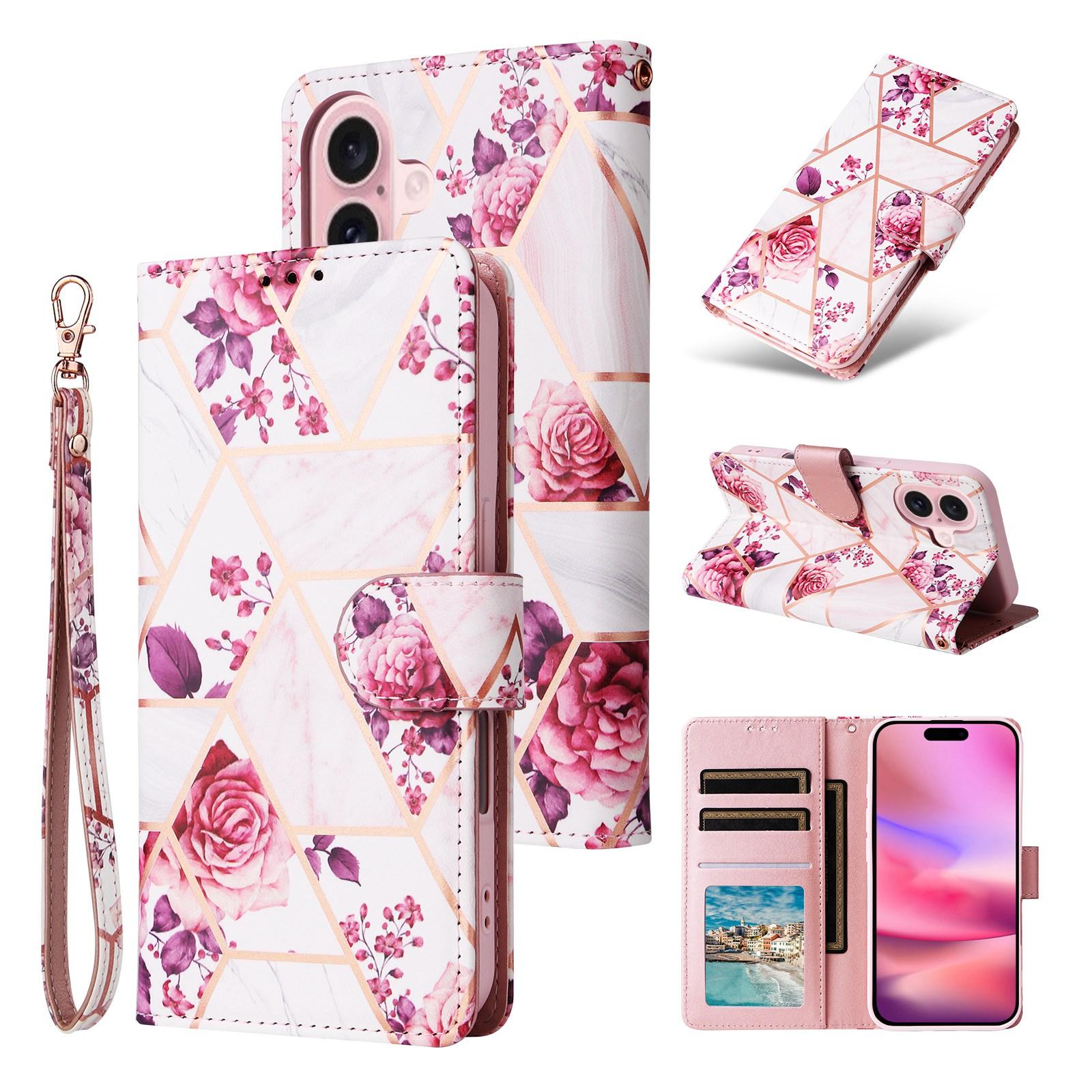 Compatible with iPhone 18 & 17 Marble Bronzing Stitching Leather Phone Case - Rose Gold