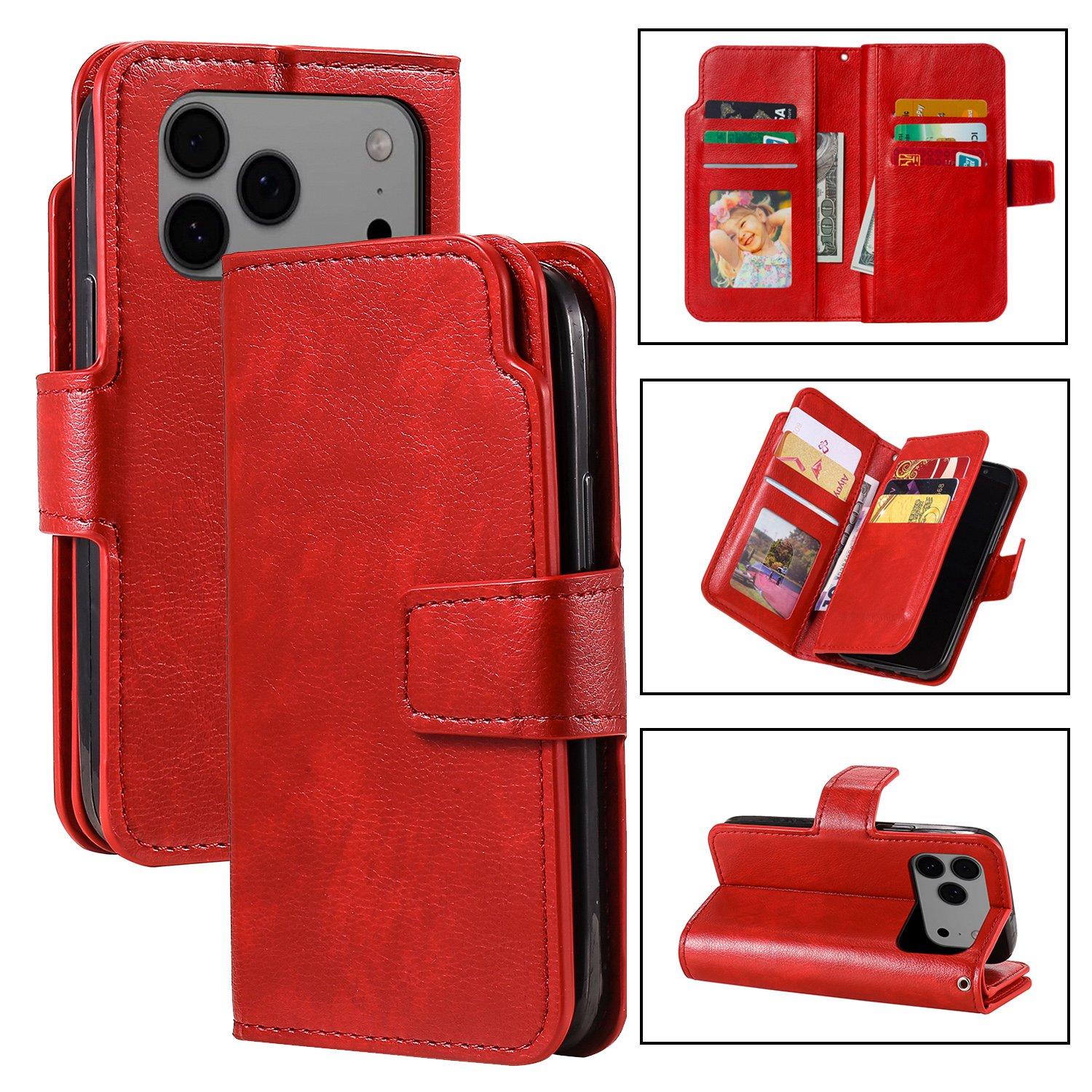 Compatible with iPhone 18 Pro Tri-Fold 9-Card Wallets Leather Phone Case - Red