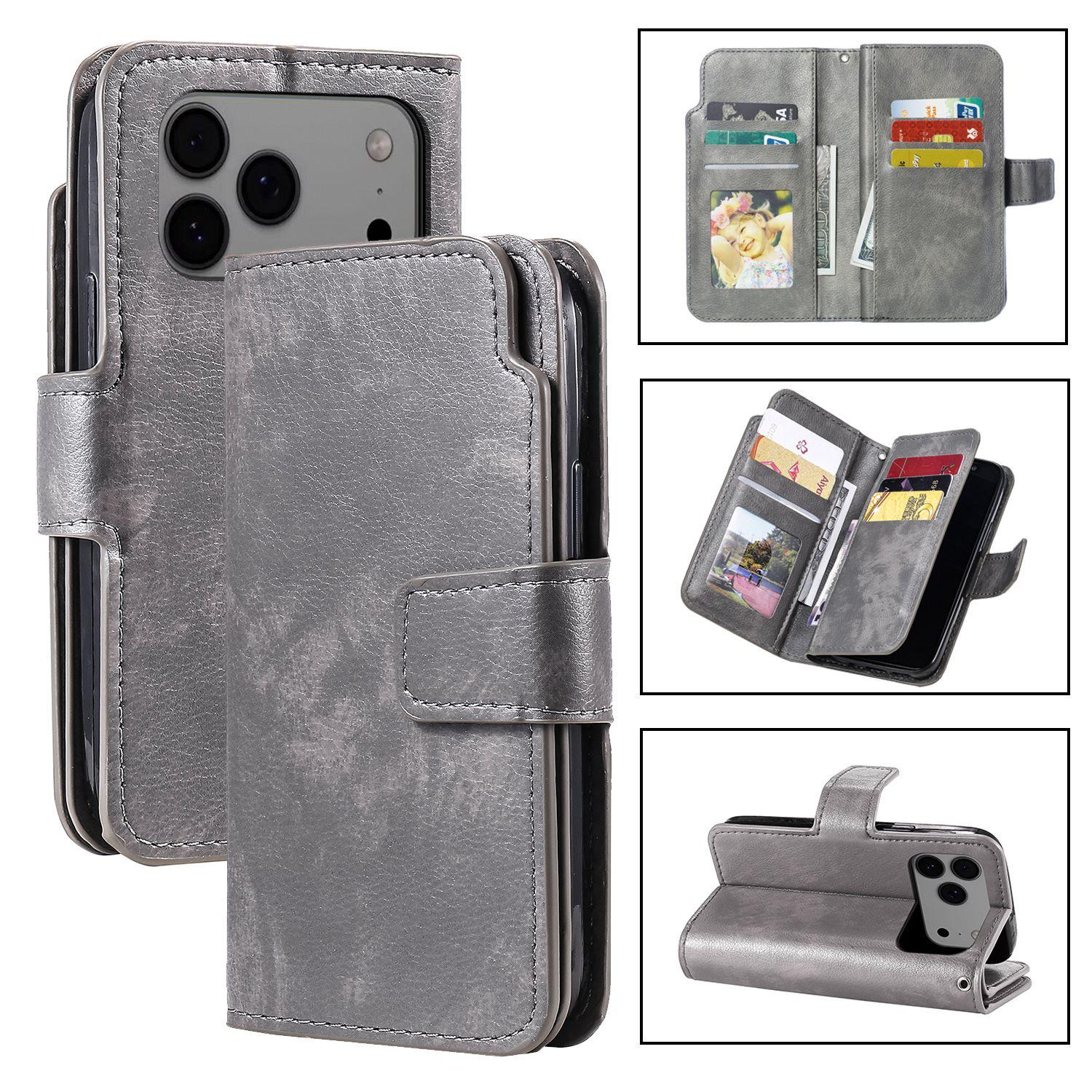 Compatible with iPhone 18 Pro Tri-Fold 9-Card Wallets Leather Phone Case - Grey