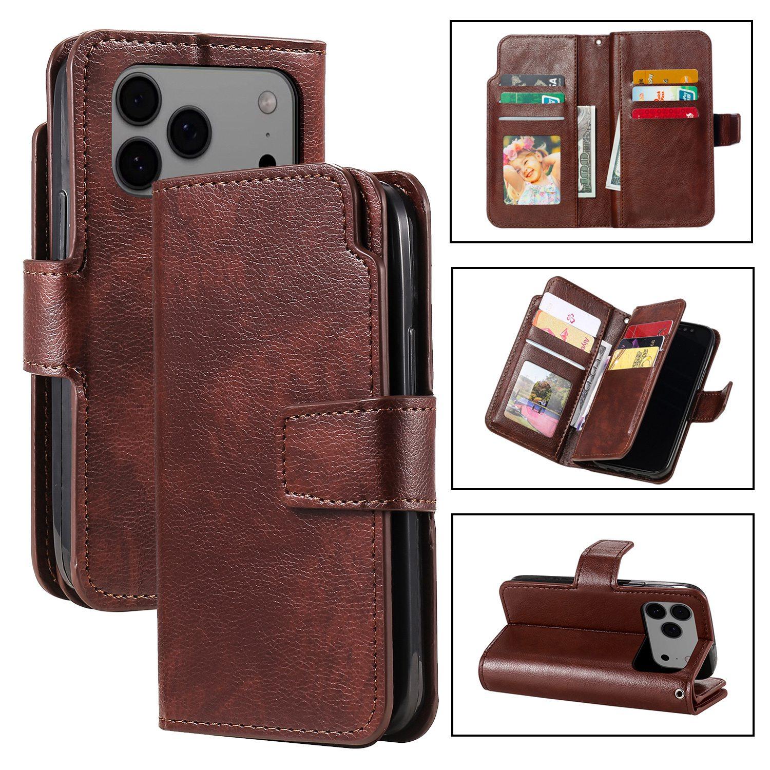 Compatible with iPhone 18 Pro Tri-Fold 9-Card Wallets Leather Phone Case - Brown
