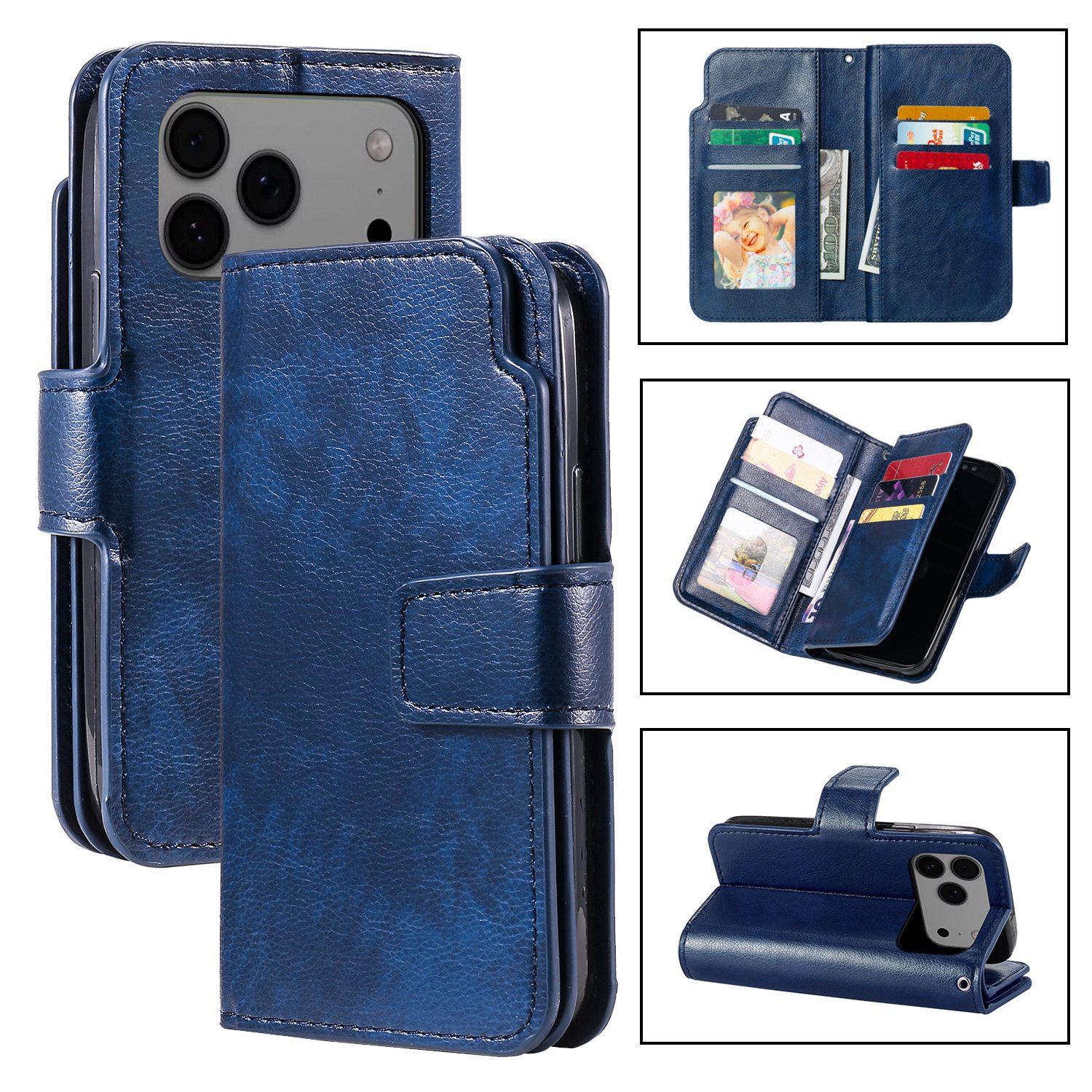 Compatible with iPhone 18 Pro Tri-Fold 9-Card Wallets Leather Phone Case - Blue