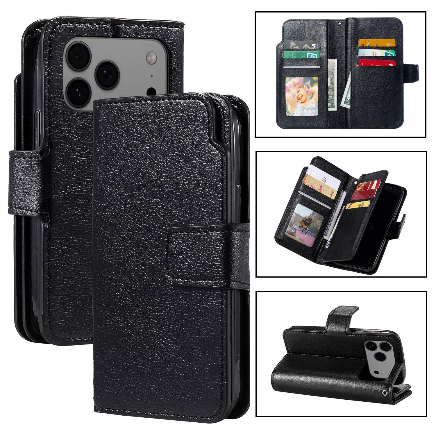 Compatible with iPhone 18 Pro Tri-Fold 9-Card Wallets Leather Phone Case - Black