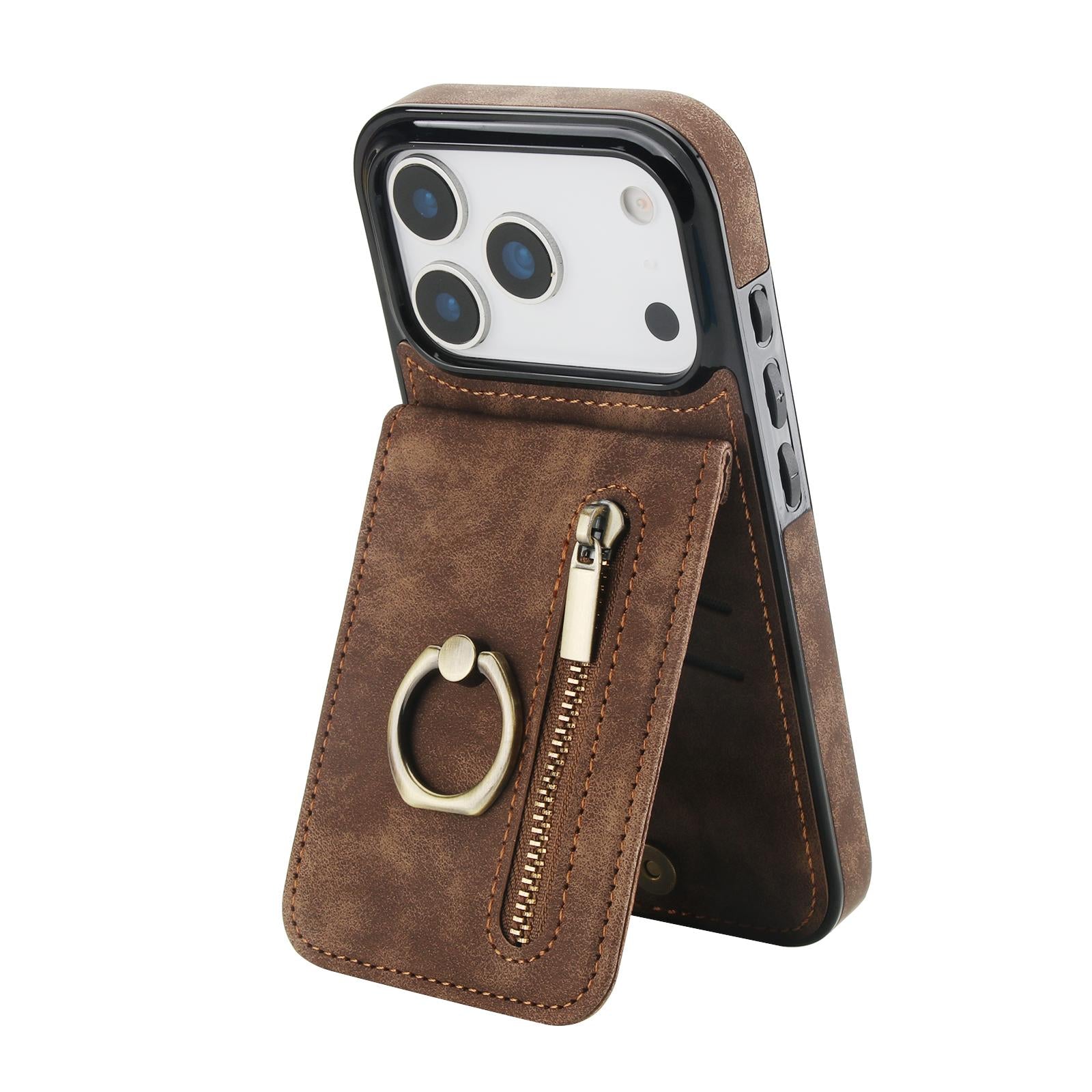 Compatible with iPhone 18 Pro & 17 Pro Retro Ring and Zipper RFID Card Slot Phone Case - Brown