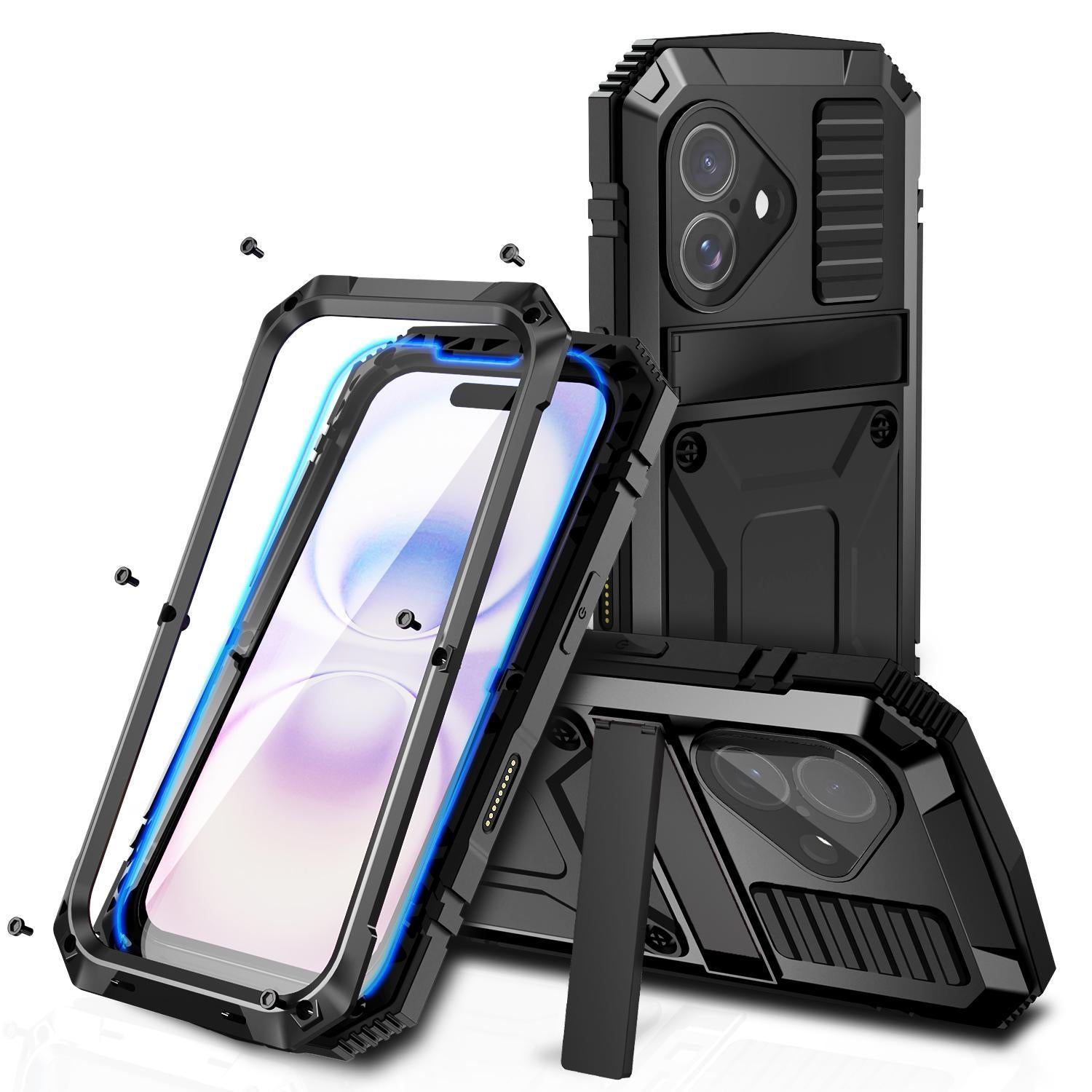 Compatible with iPhone 18 R-JUST Metal + Silicone + Tempered Glass Life Waterproof Phone Case with Holder - Black