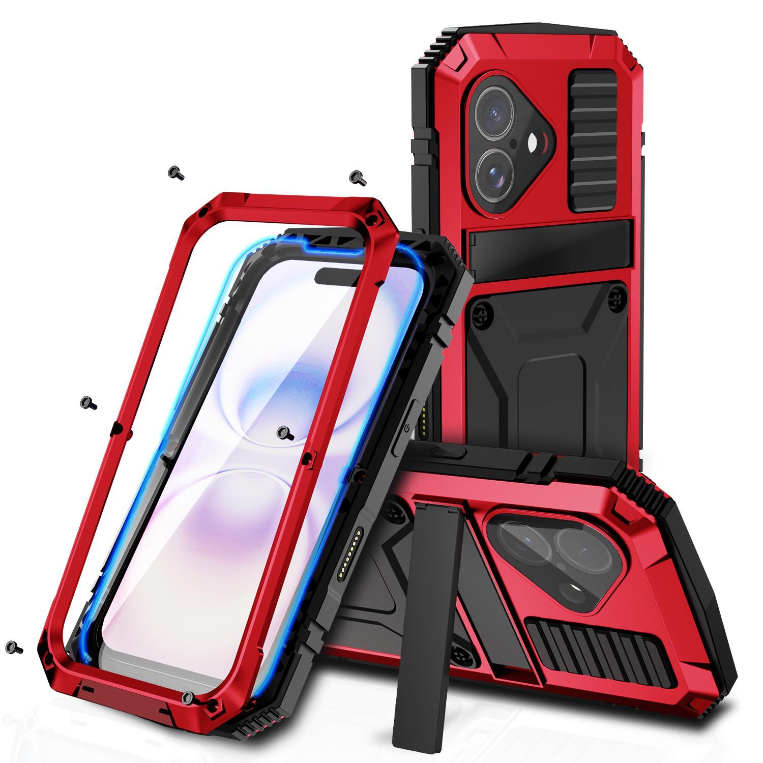 Compatible with iPhone 18 R-JUST Metal + Silicone + Tempered Glass Life Waterproof Phone Case with Holder - Red