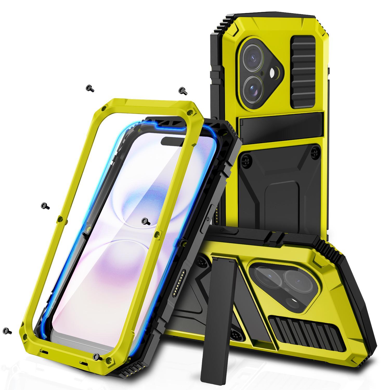 Compatible with iPhone 18 R-JUST Metal + Silicone + Tempered Glass Life Waterproof Phone Case with Holder - Yellow