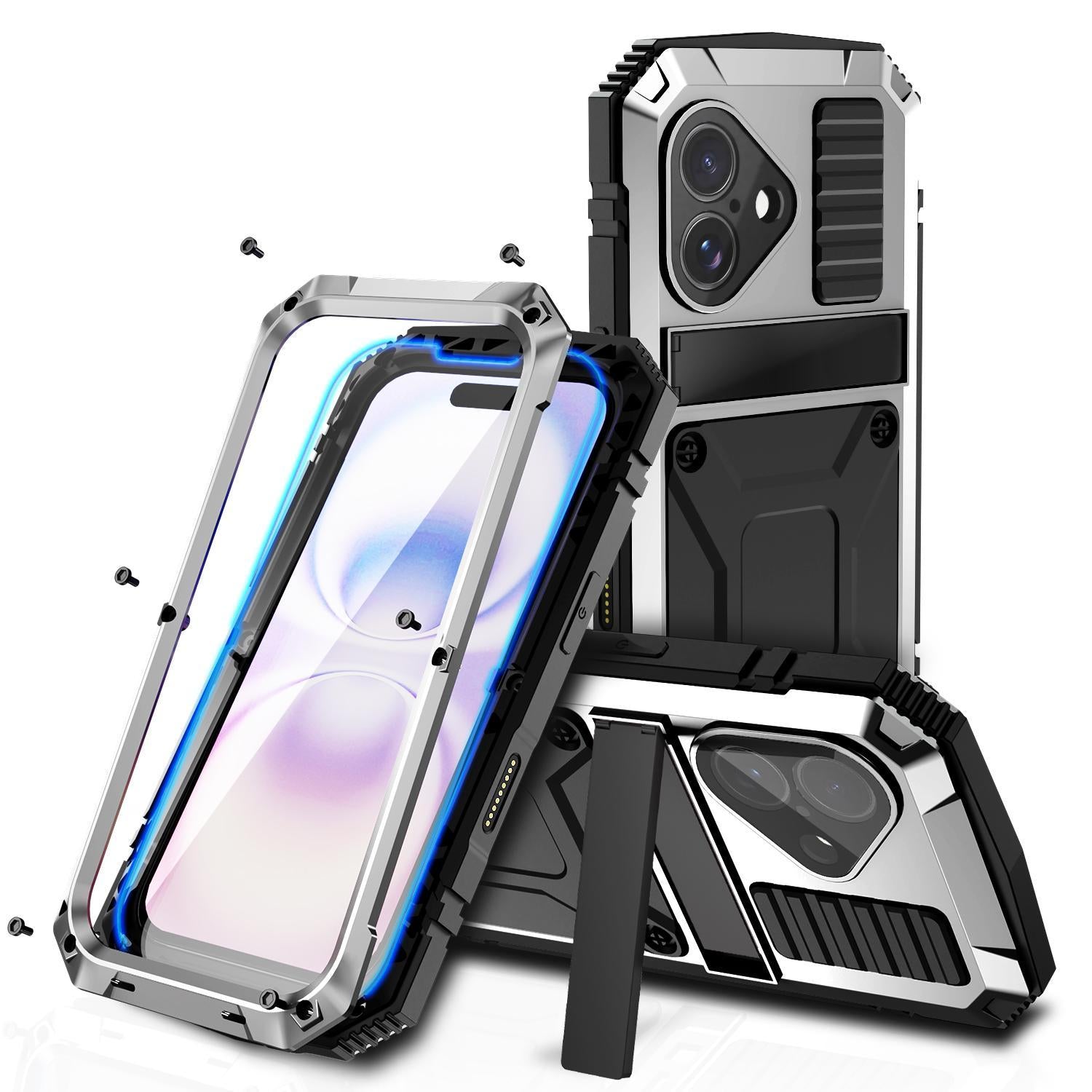 Compatible with iPhone 18 R-JUST Metal + Silicone + Tempered Glass Life Waterproof Phone Case with Holder - Silver