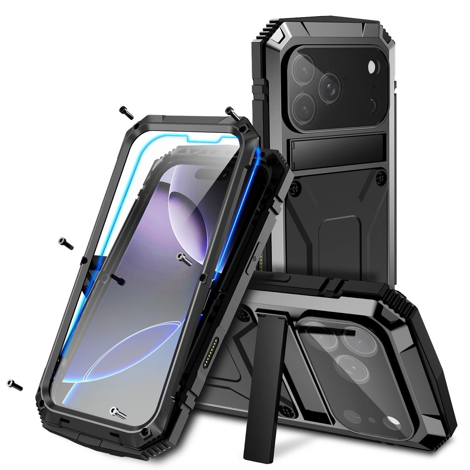 Compatible with iPhone 18 Pro R-JUST Metal + Silicone + Tempered Glass Life Waterproof Phone Case with Holder - Black