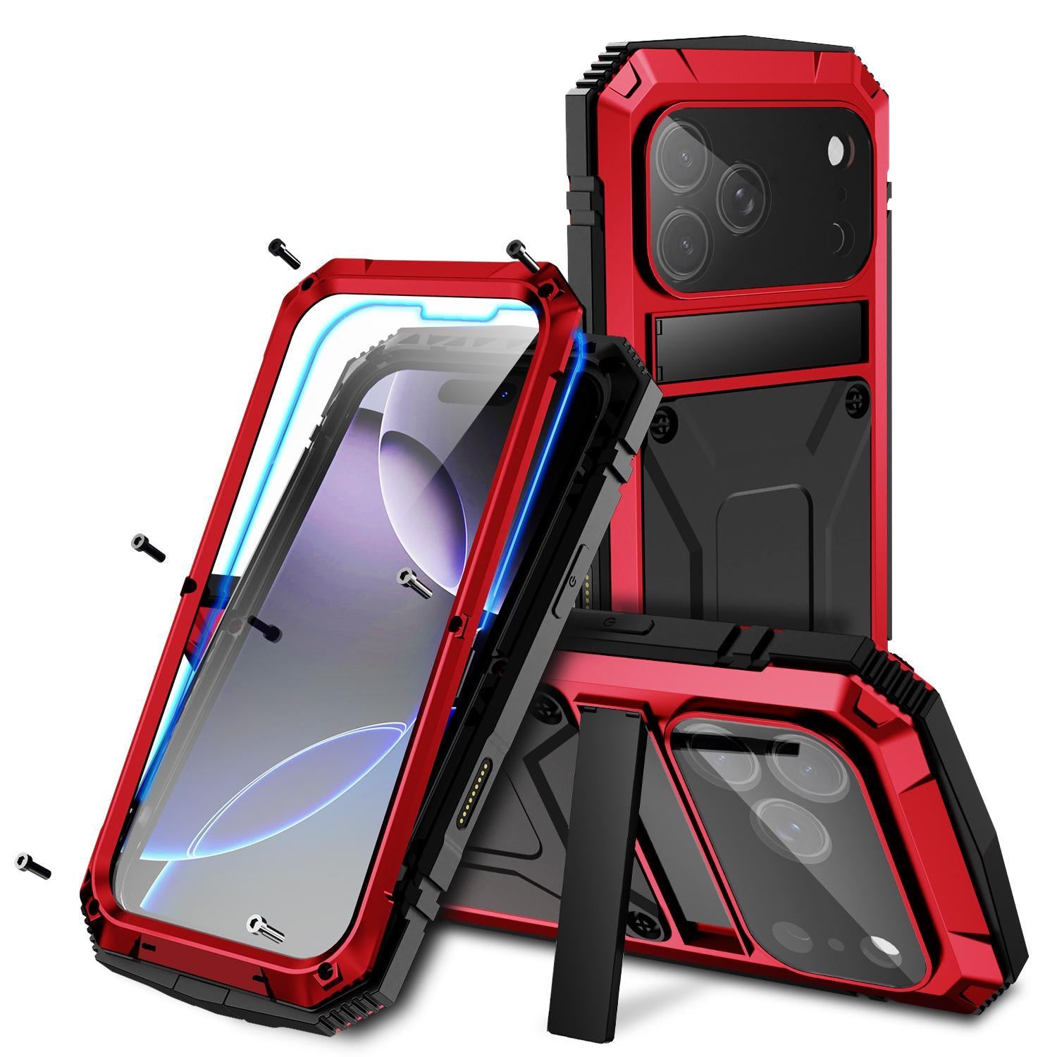 Compatible with iPhone 18 Pro R-JUST Metal + Silicone + Tempered Glass Life Waterproof Phone Case with Holder - Red