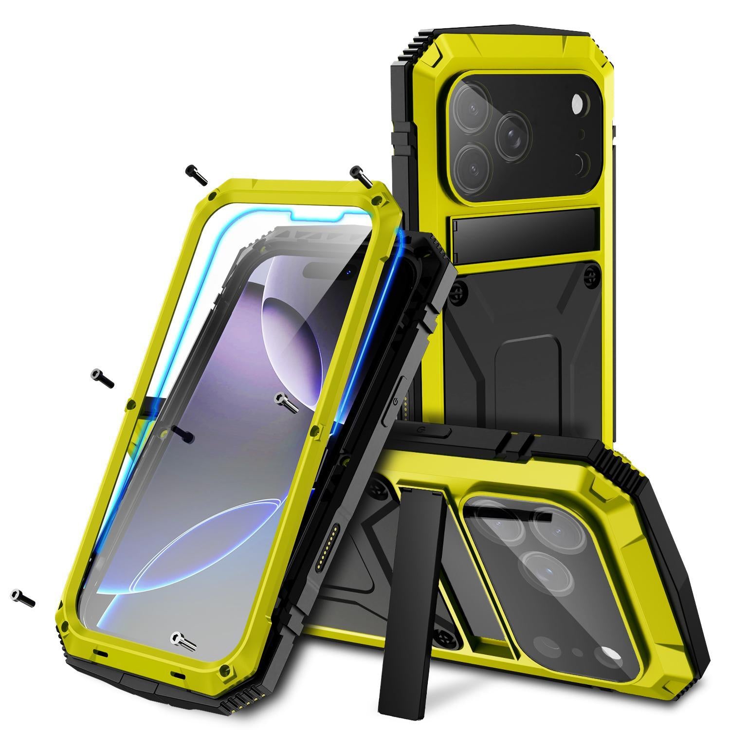 Compatible with iPhone 18 Pro R-JUST Metal + Silicone + Tempered Glass Life Waterproof Phone Case with Holder - Yellow