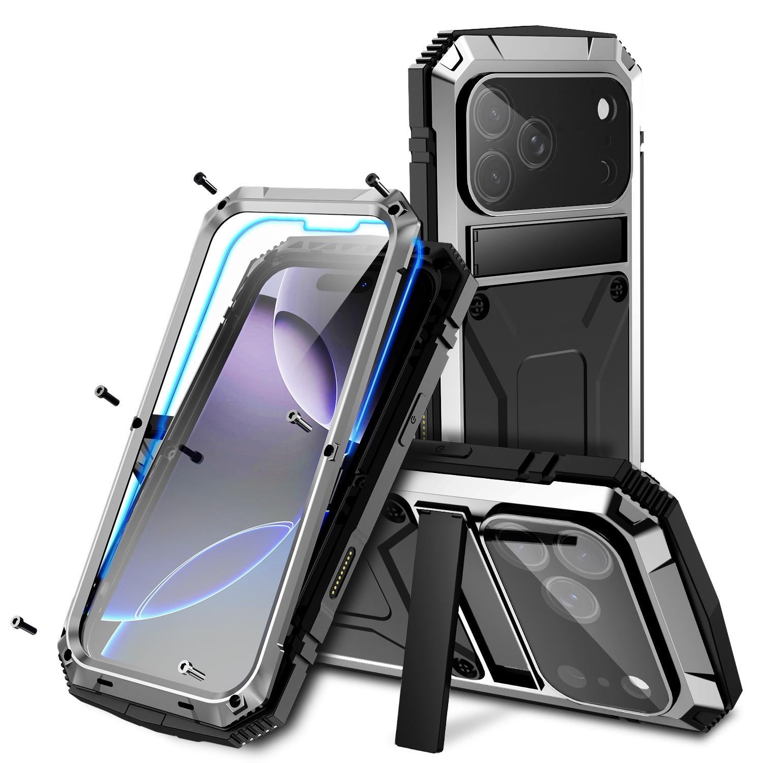 Compatible with iPhone 18 Pro R-JUST Metal + Silicone + Tempered Glass Life Waterproof Phone Case with Holder - Silver