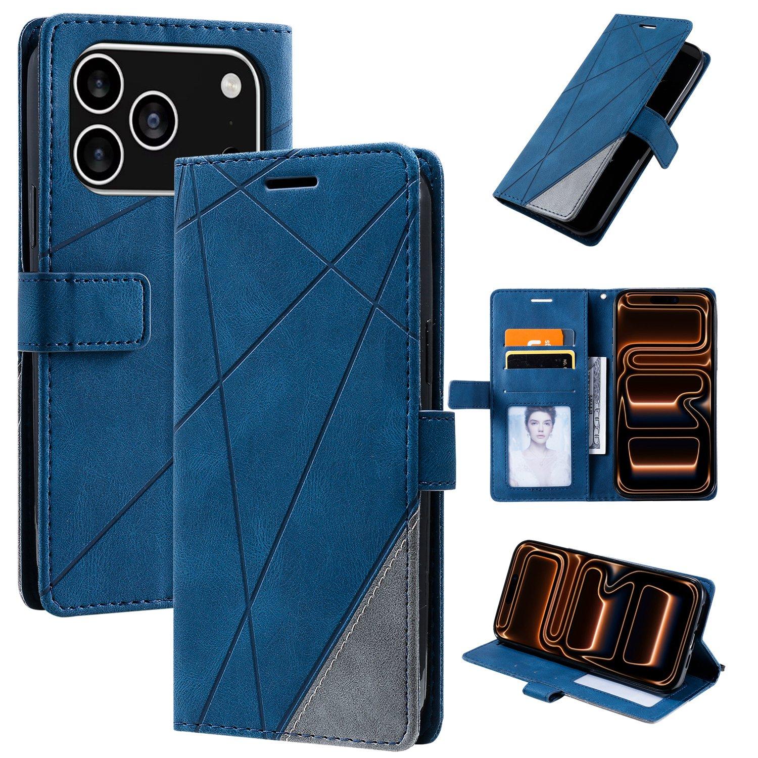 Compatible with iPhone 18 Pro Skin Feel Splicing Leather Phone Case - Blue