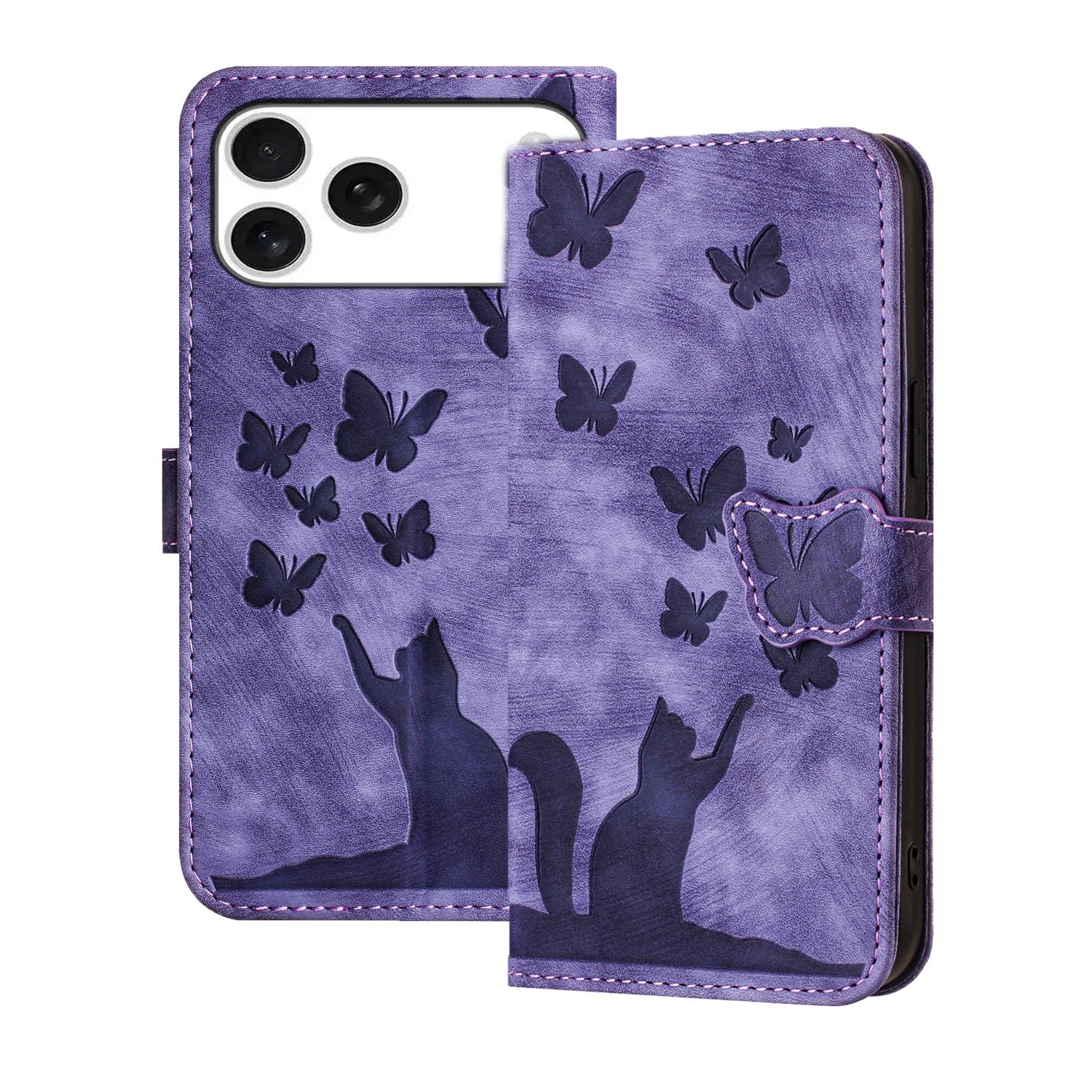 Compatible with iPhone 18 Pro & 17 Pro Butterfly Cat Embossing Flip Leather Phone Case - Purple