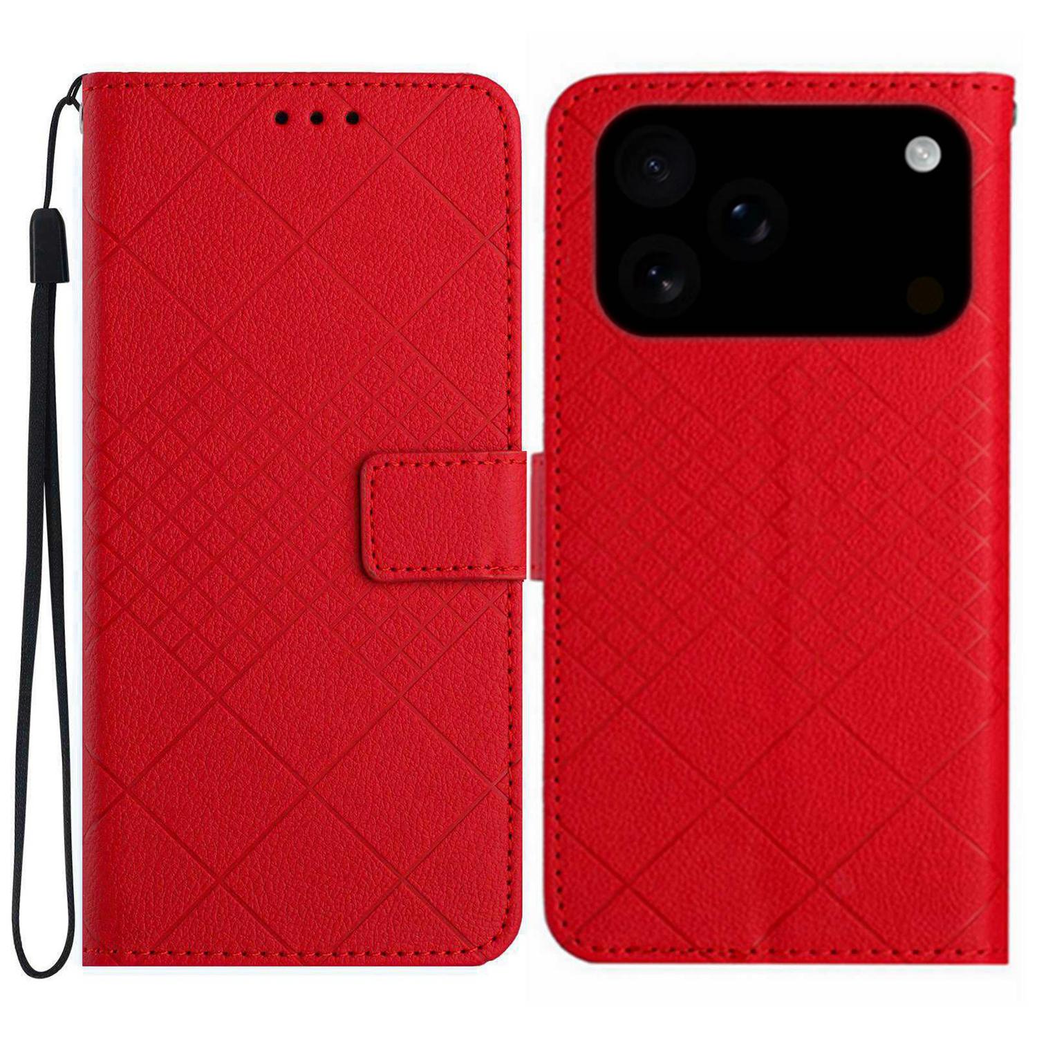 Compatible with iPhone 18 Pro & 17 Pro Rhombic Grid Texture Leather Phone Case - Red