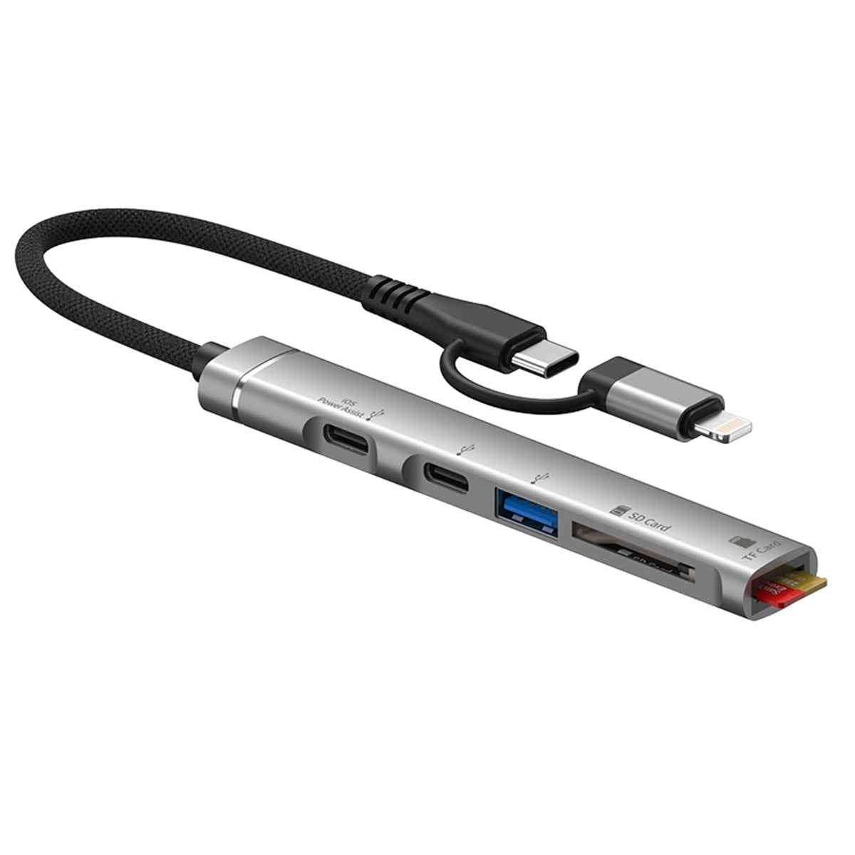 Uniqbuy For 5 in 1 USB-C / Type-C+8 Pin to USB-C / Type-C + USB + SD & TF Card Reader