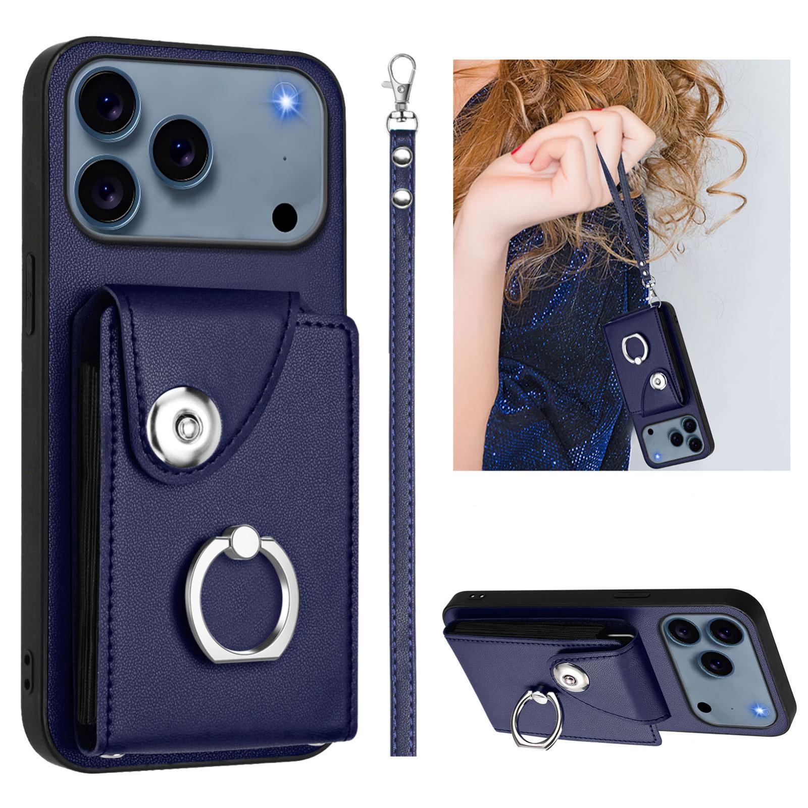 Compatible with iPhone 18 Pro & 17 Pro Organ Card Bag Ring Holder PU Phone Case with Lanyard - Blue