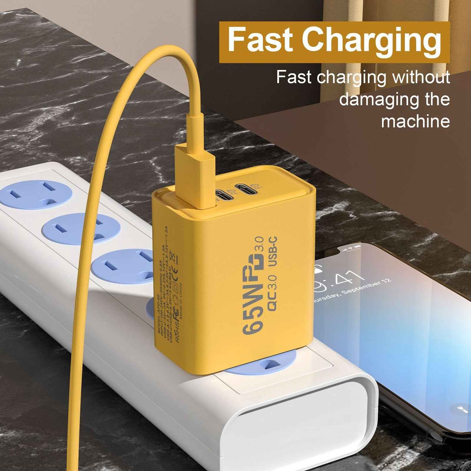 Uniqbuy For 65W Gallium Nitride USB + Type-C Fast Charging Charger, Plug Type:US Plug(Yellow)