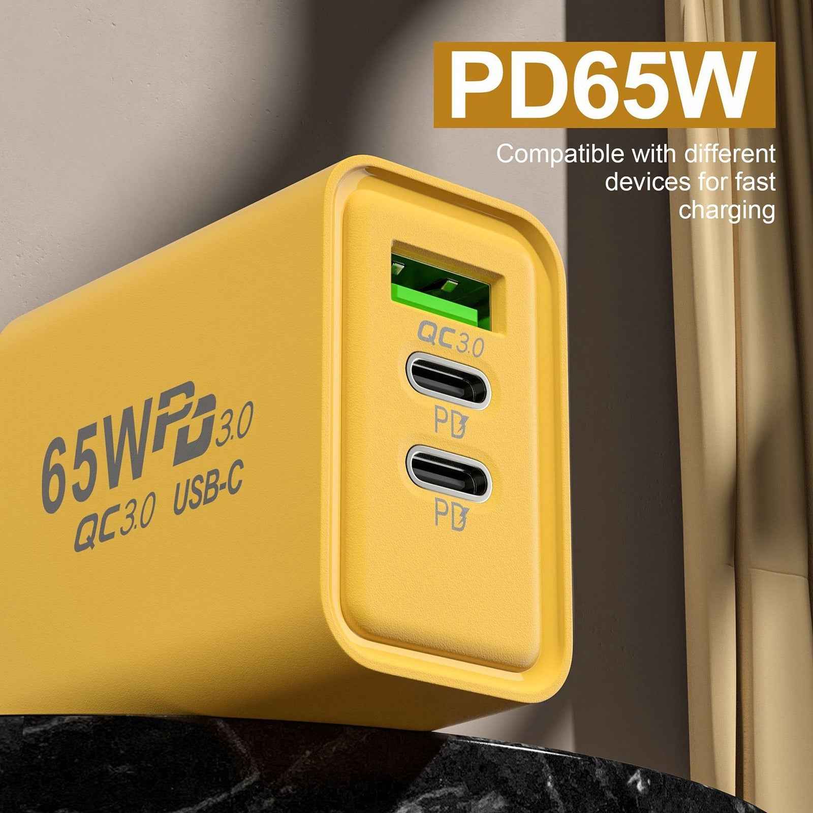 Uniqbuy For 65W Gallium Nitride USB + Type-C Fast Charging Charger, Plug Type:US Plug(Yellow)