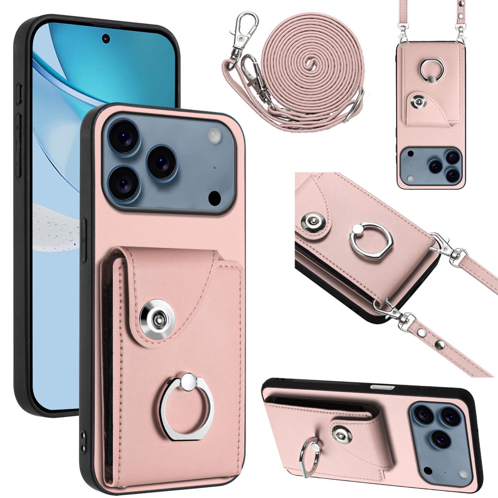 Compatible with iPhone 18 Pro & 17 Pro Organ Card Bag Ring Holder Phone Case with Long Lanyard - Pink