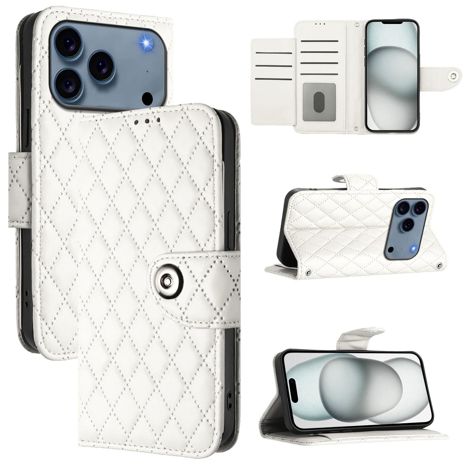 Compatible with iPhone 18 Pro & 17 Pro Rhombic Texture Flip Leather Phone Case with Lanyard - White