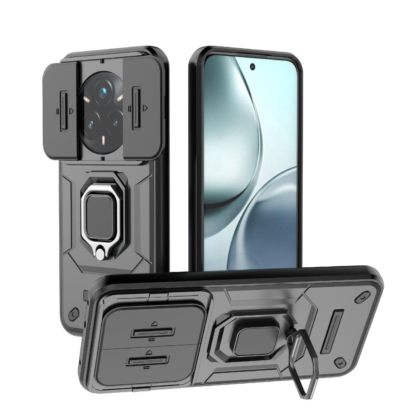 For Realme 14 Pro+ 5G Sliding Camshield TPU + PC Shockproof Phone Case with Holder(Black)