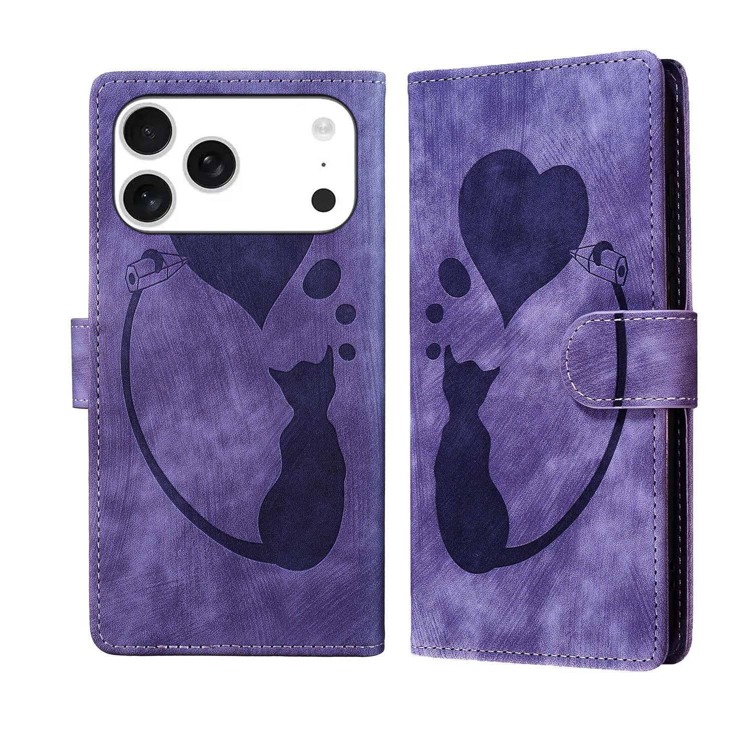 Compatible with iPhone 18 Pro & 17 Pro Pen Heart Cat Embossed Leather Phone Case - Purple