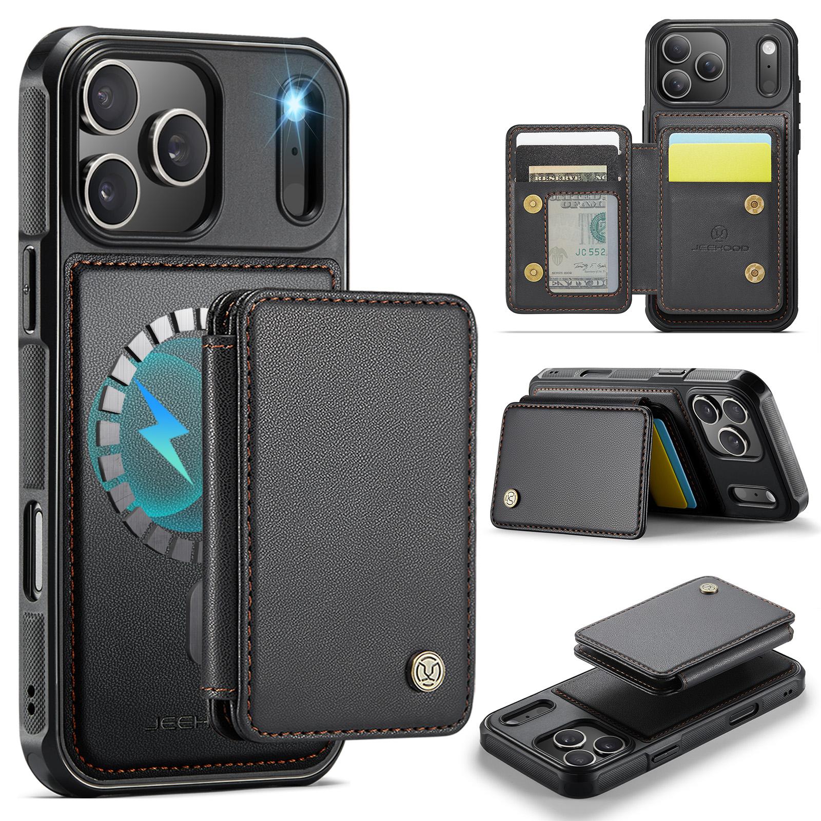 Compatible with iPhone 18 Pro JEEHOOD J05 Business Magnetic Style RFID Leather Phone Case - Black