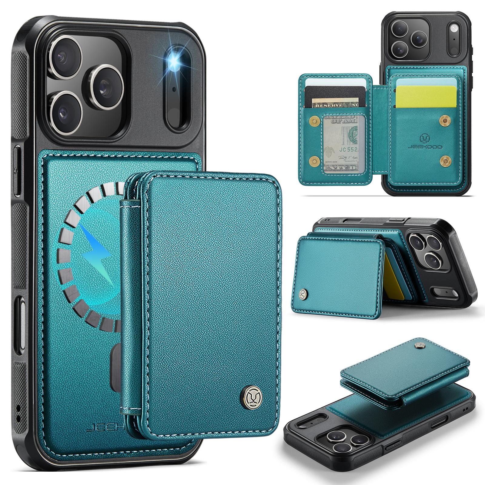 Compatible with iPhone 18 Pro JEEHOOD J05 Business Magnetic Style RFID Leather Phone Case - Blue Green