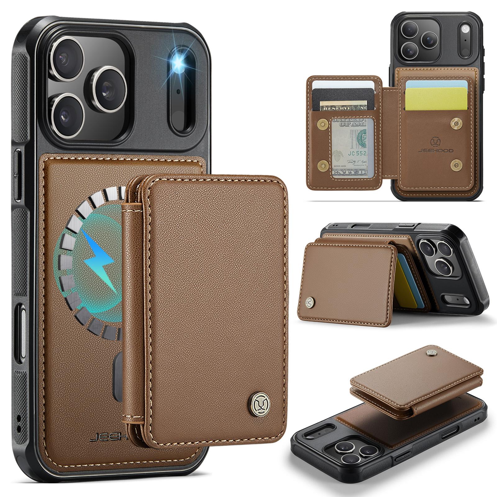 Compatible with iPhone 18 Pro JEEHOOD J05 Business Magnetic Style RFID Leather Phone Case - Brown