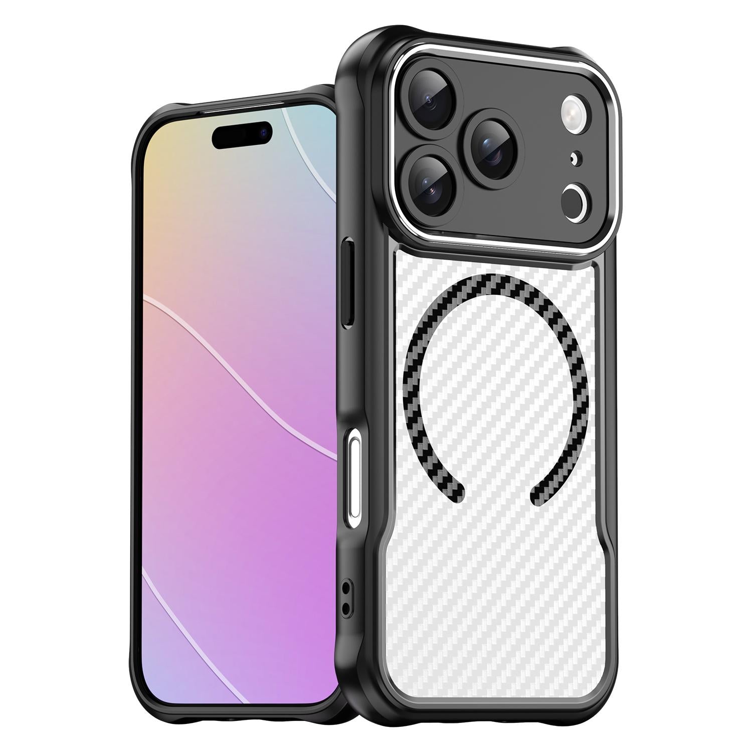 Compatible with iPhone 18 Pro Carbon Fiber Texture MagSafe Translucent Phone Case - Black