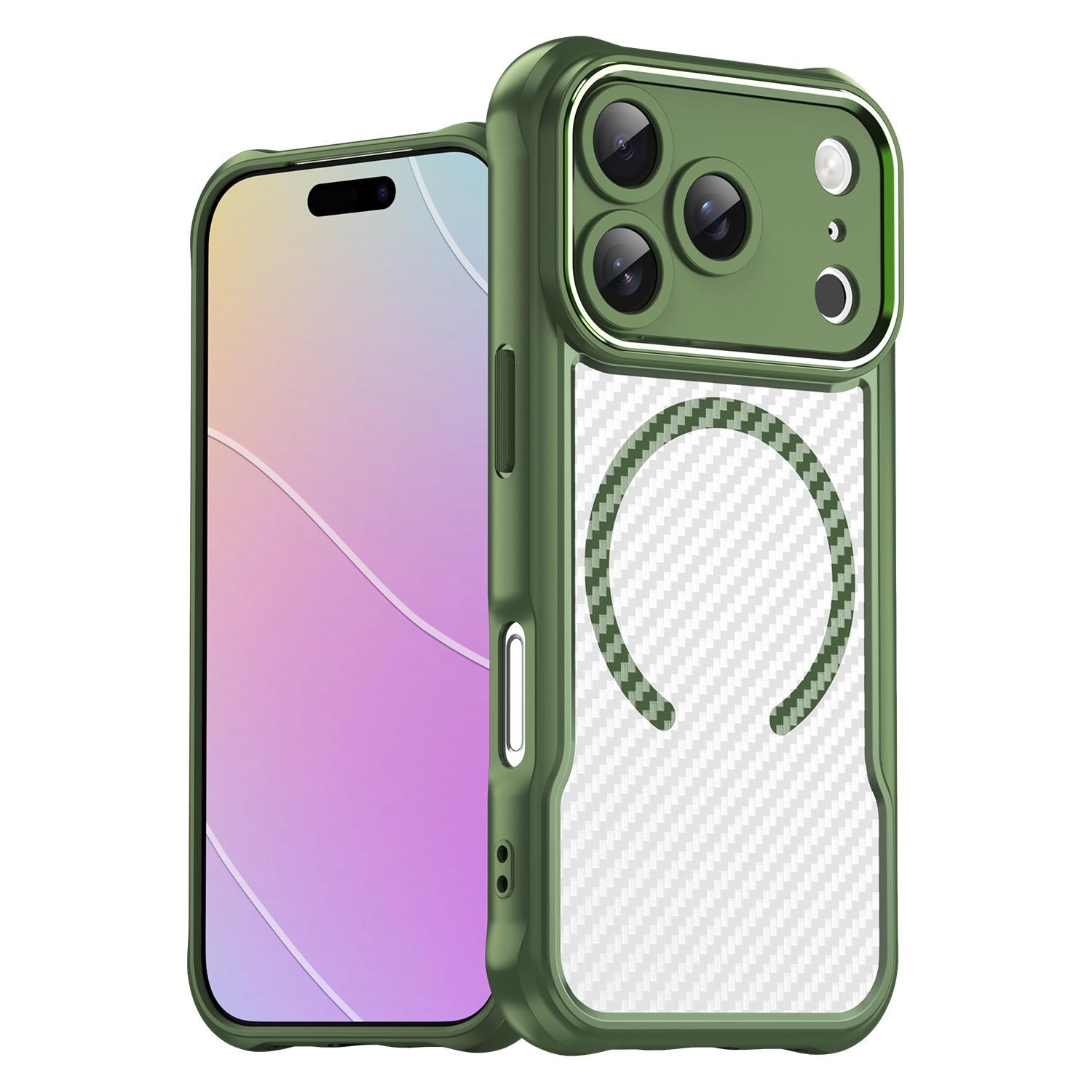 Compatible with iPhone 18 Pro Carbon Fiber Texture MagSafe Translucent Phone Case - Green