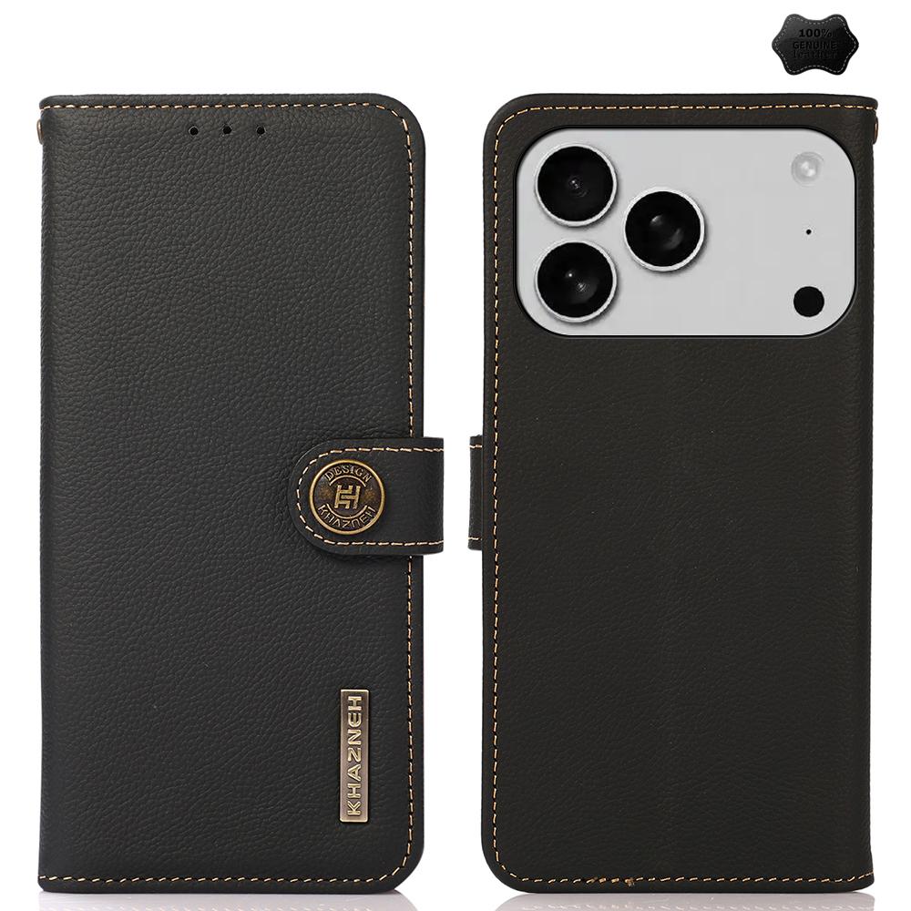 Compatible with iPhone 18 Pro & 17 Pro KHAZNEH Custer  Leather RFID Phone Case - Black