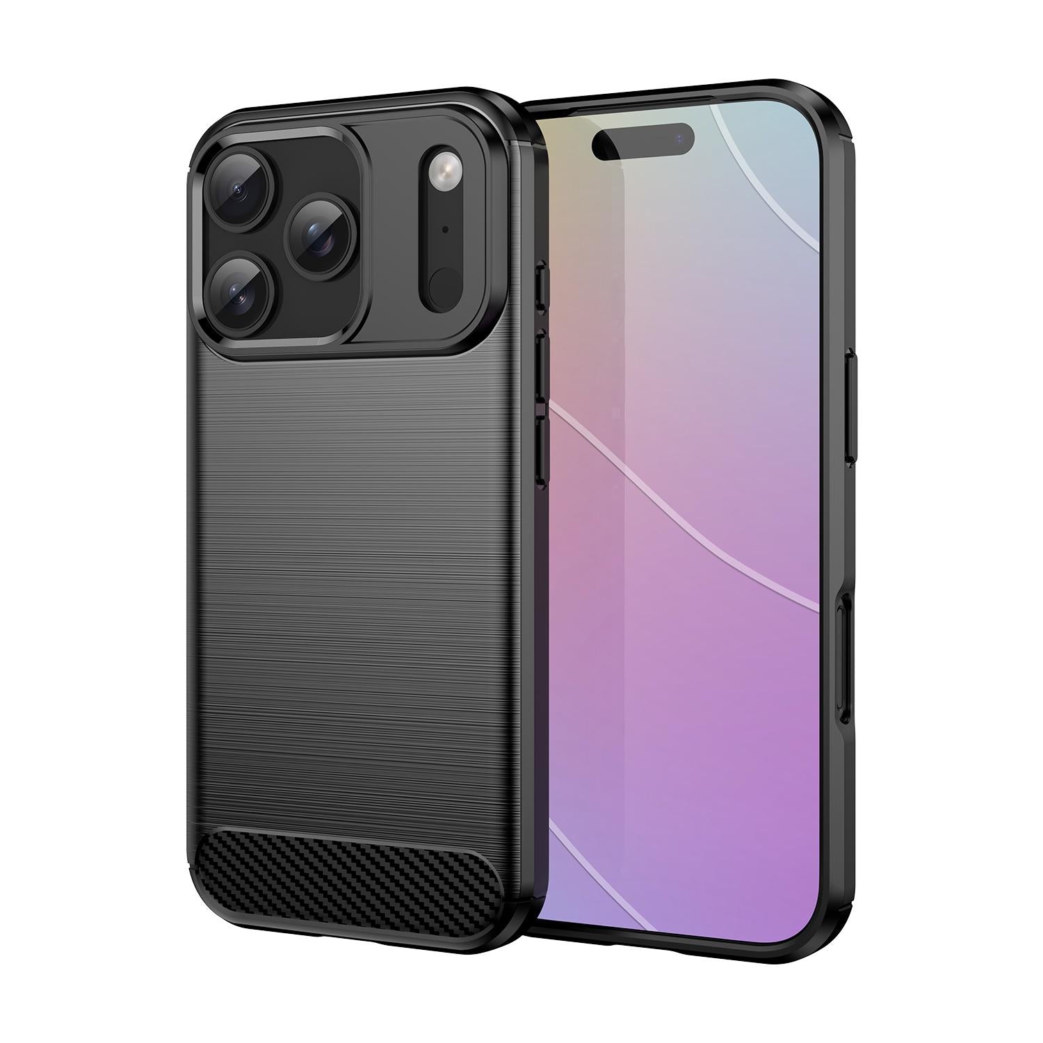 Compatible with iPhone 18 Pro Brushed Texture Carbon Fiber TPU Phone Case - Black