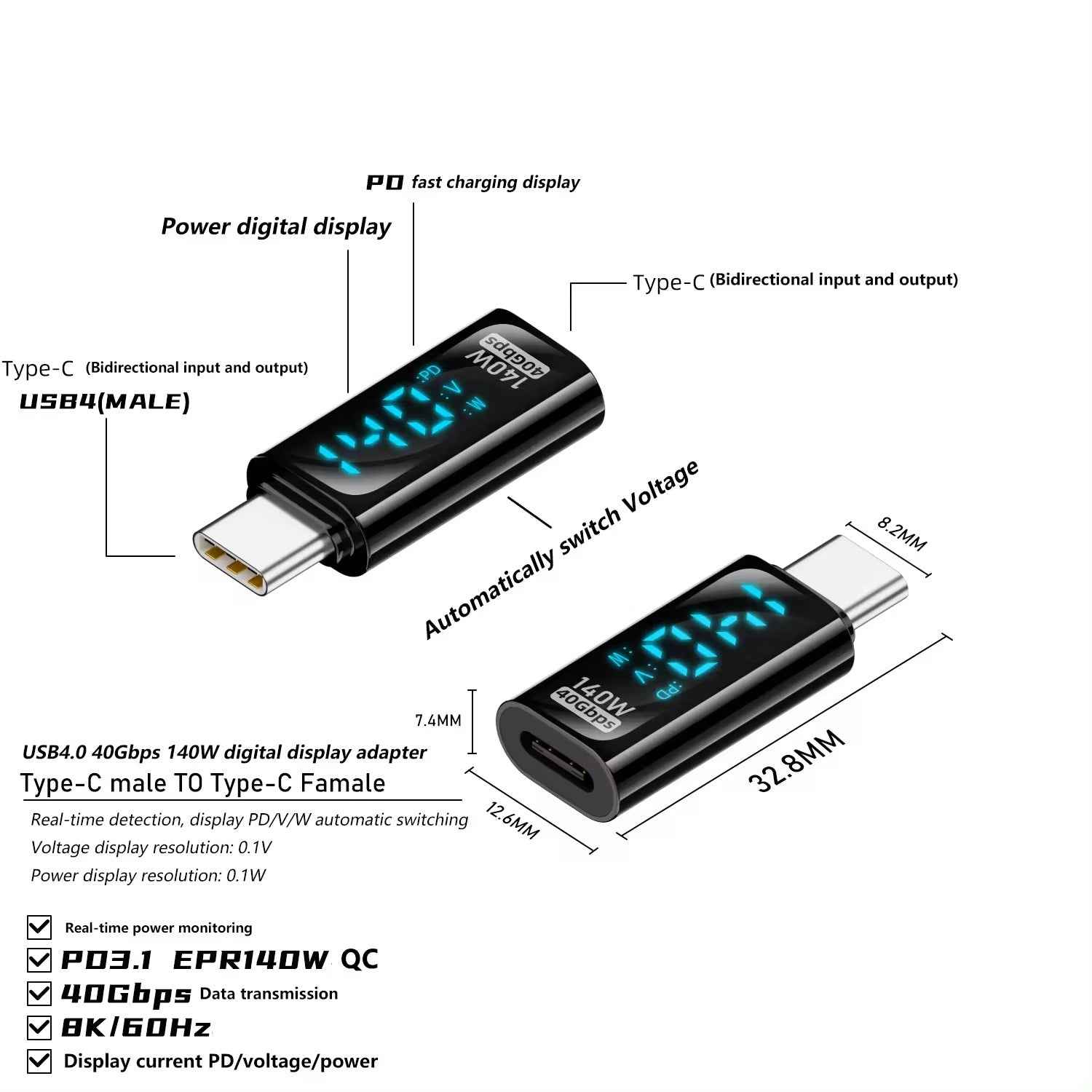 Uniqbuy For Type-C Male to Type-C Female 140W Charging Adapter with Digital Display(Black)