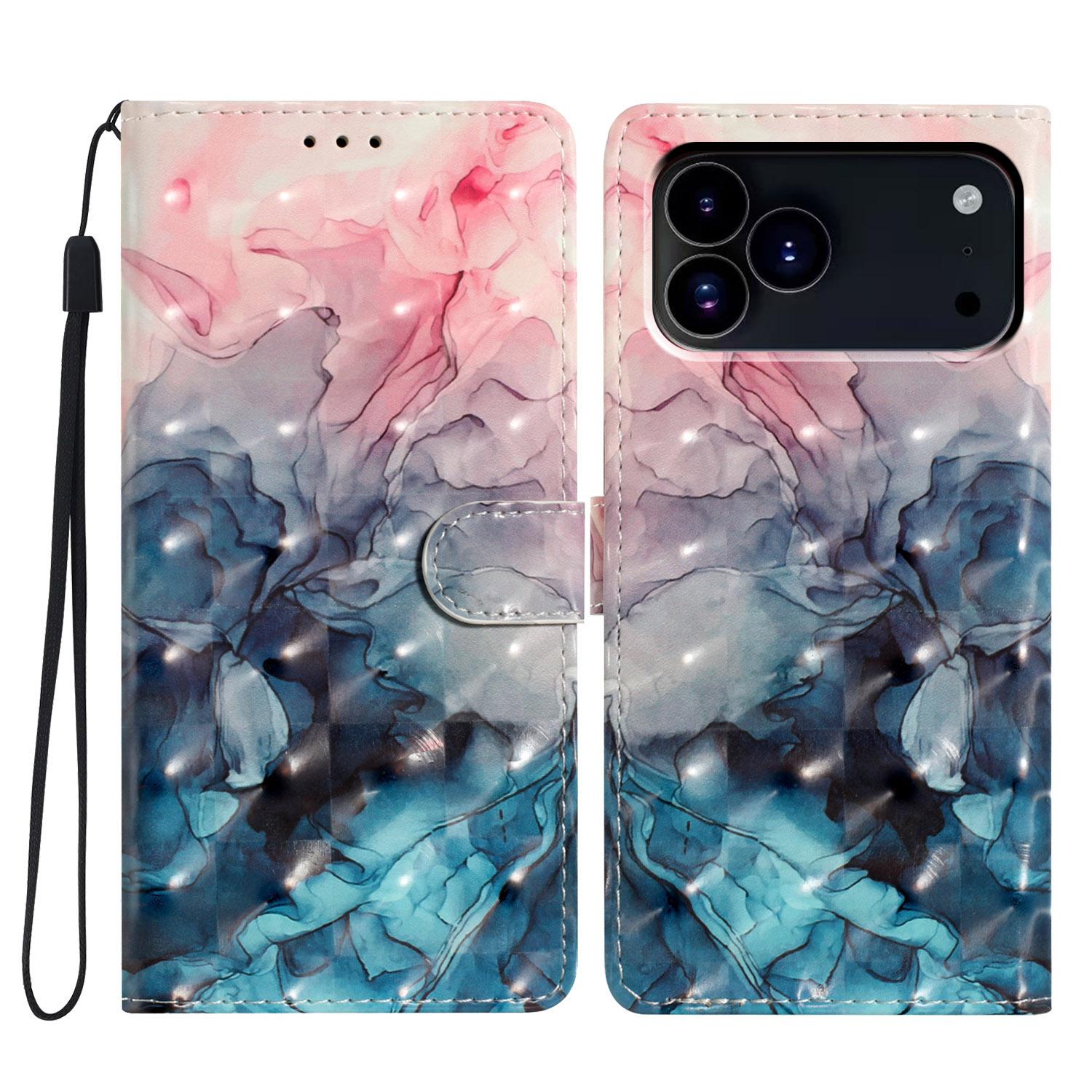 Compatible with iPhone 18 Pro 3D Pattern Leather Phone Case - 3D Pink Blue Marble