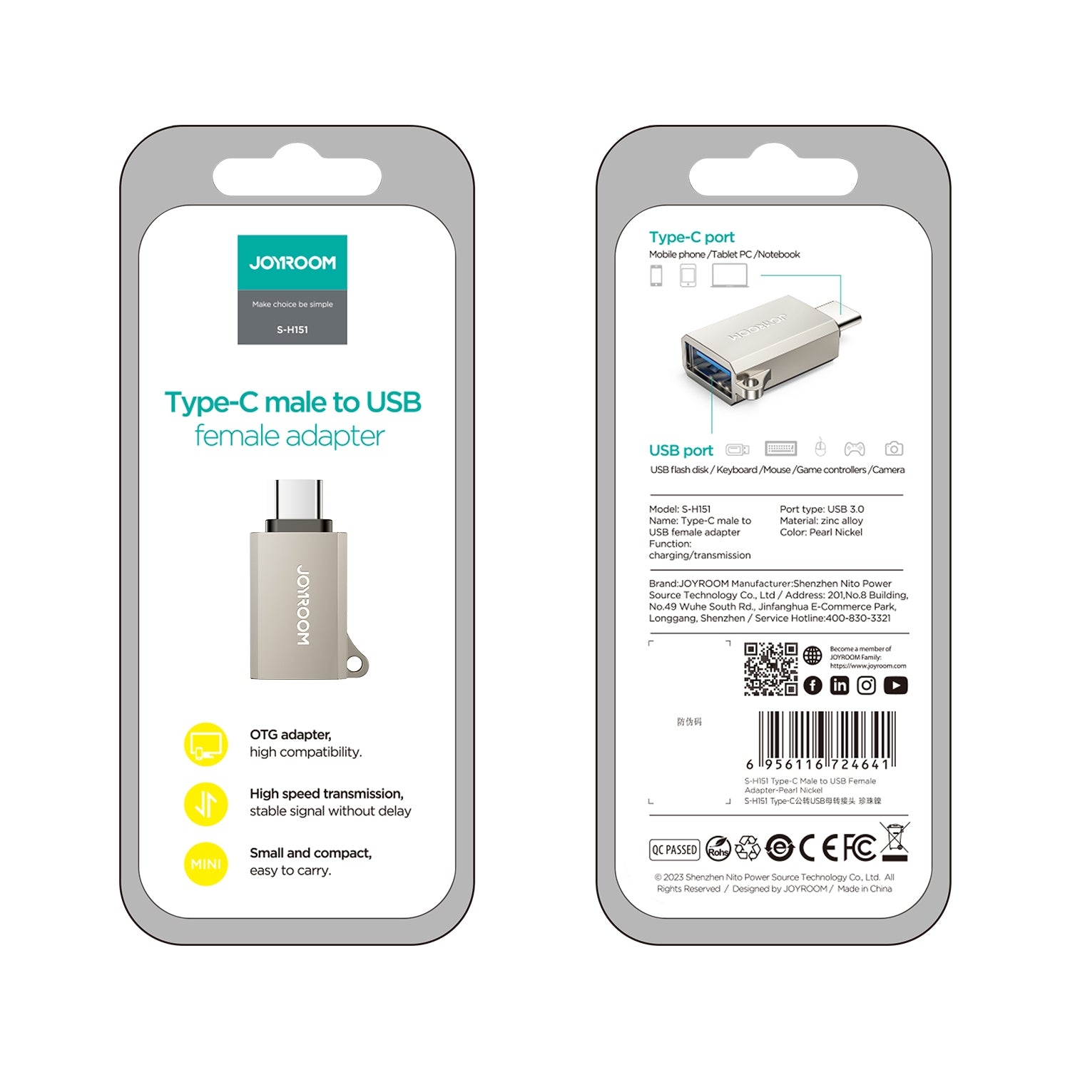 JOYROOM S-H151 Upgraded Version USB-C / Type-C Male c 3.0 Female OTG Adapter(Pearl Nickel)