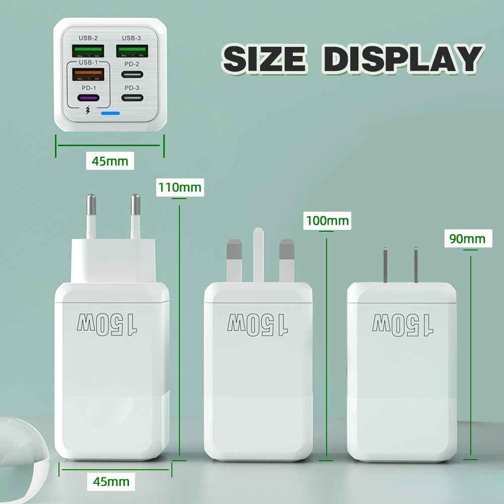 Uniqbuy For 150W 3 x USB + 3 x USB-C / Type-C Multi-port Fast Charger, EU Plug(Black)
