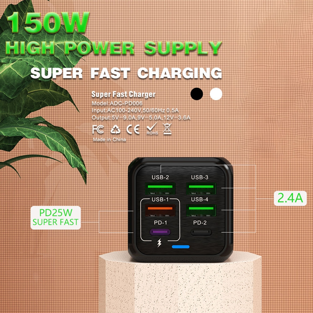 150W 4 x USB + 2 x USB-C / Type-C Multi-port Fast Charger, EU Plug(Black)