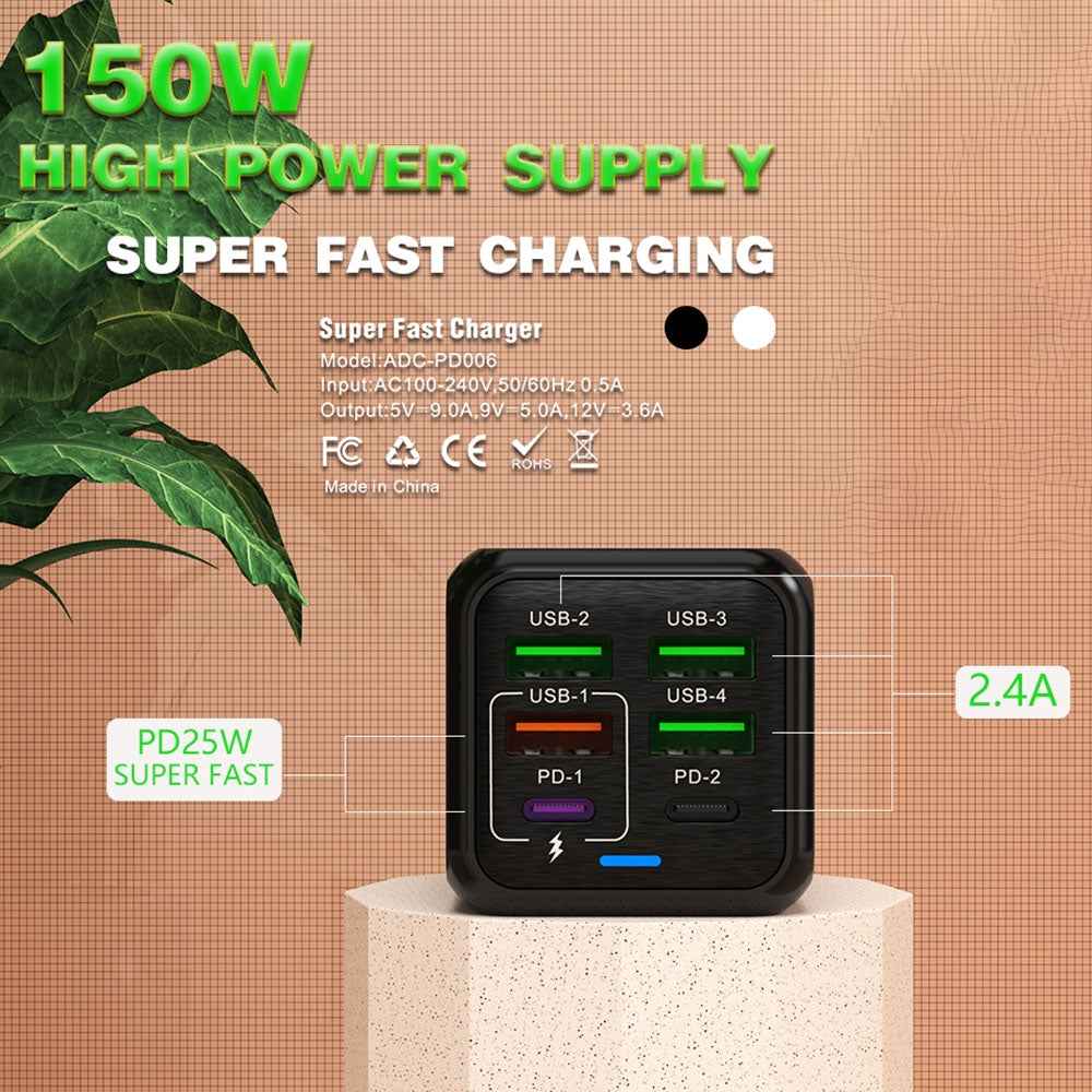 Uniqbuy For 150W 4 x USB + 2 x USB-C / Type-C Multi-port Fast Charger, US Plug(Black)