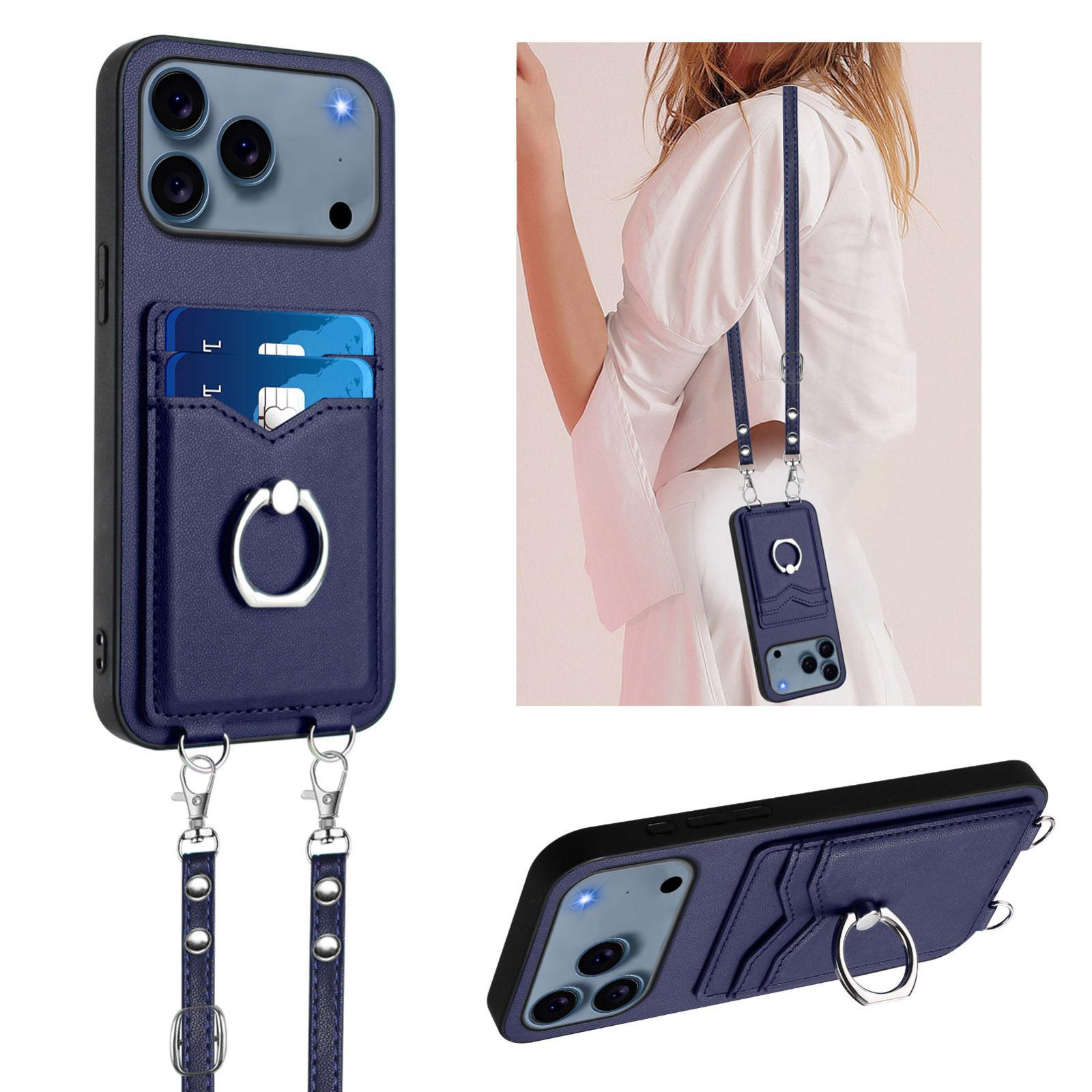 Compatible with iPhone 18 Pro & 17 Pro R20 Crossbody Rope Ring Card Holder Phone Case - Blue