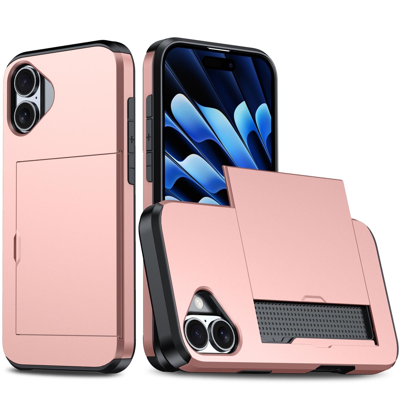 Compatible with iPhone 18 Shockproof Armor Phone Case with Card Slot - Rose Gold
