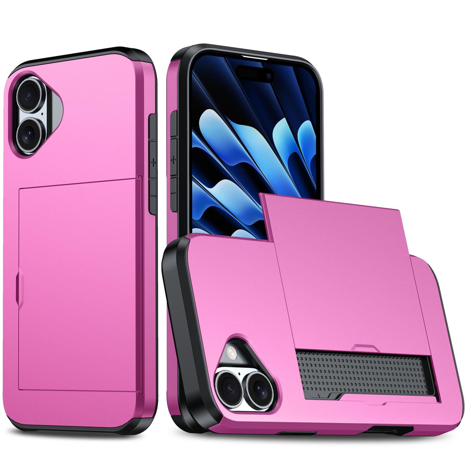 Compatible with iPhone 18 Shockproof Armor Phone Case with Card Slot - Rose Red