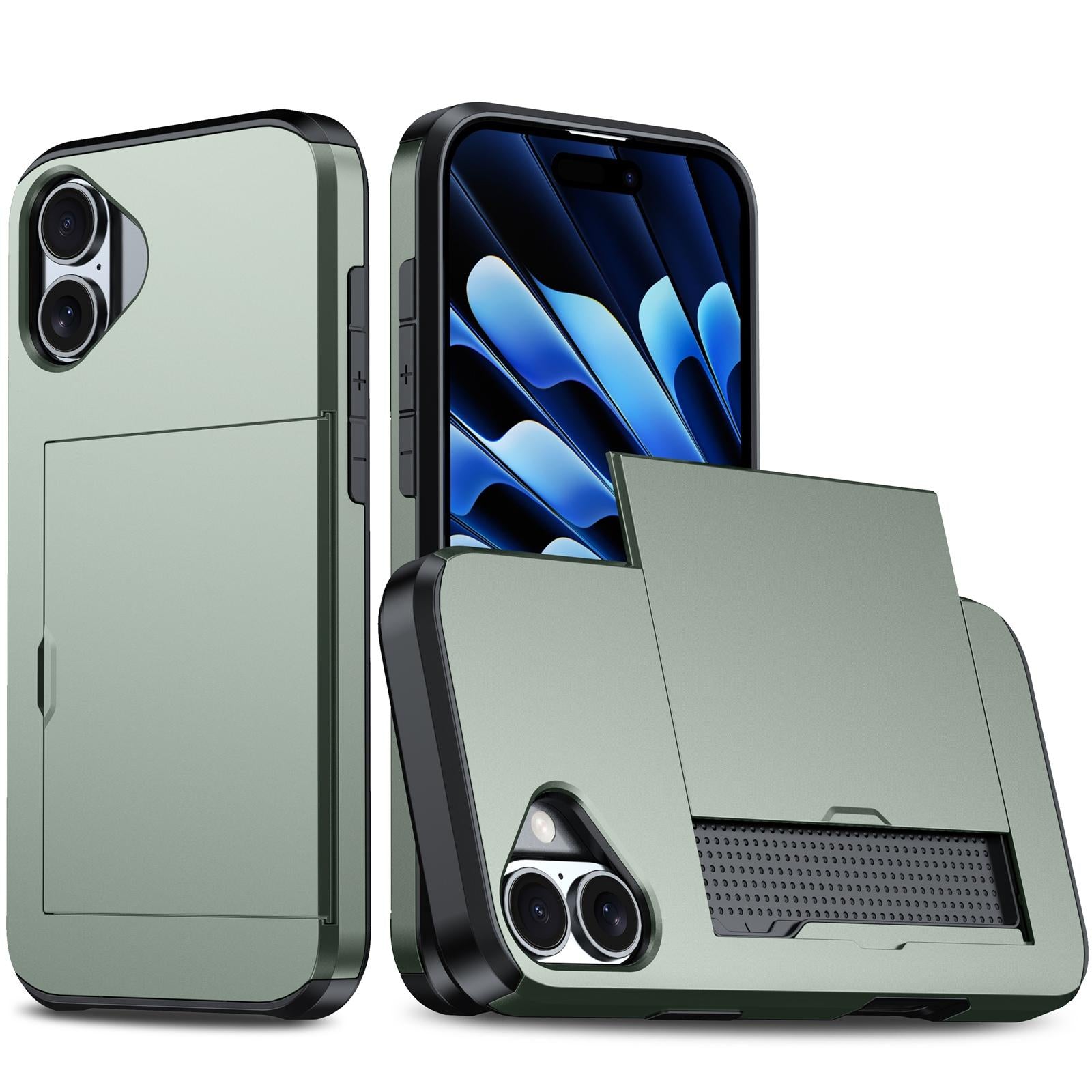 Compatible with iPhone 18 Shockproof Armor Phone Case with Card Slot - Dark Green