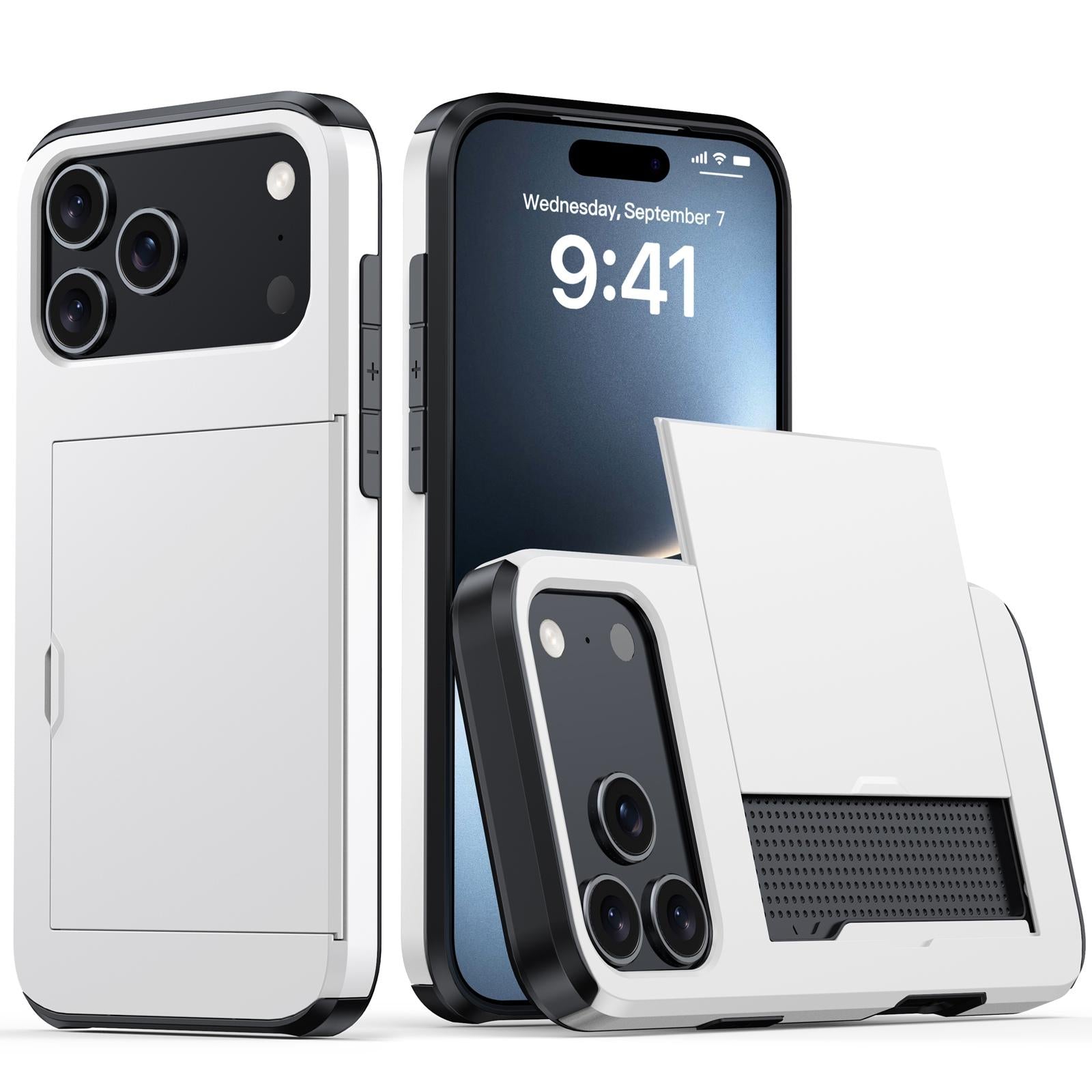 Compatible with iPhone 18 Pro Shockproof Armor Phone Case with Card Slot - White