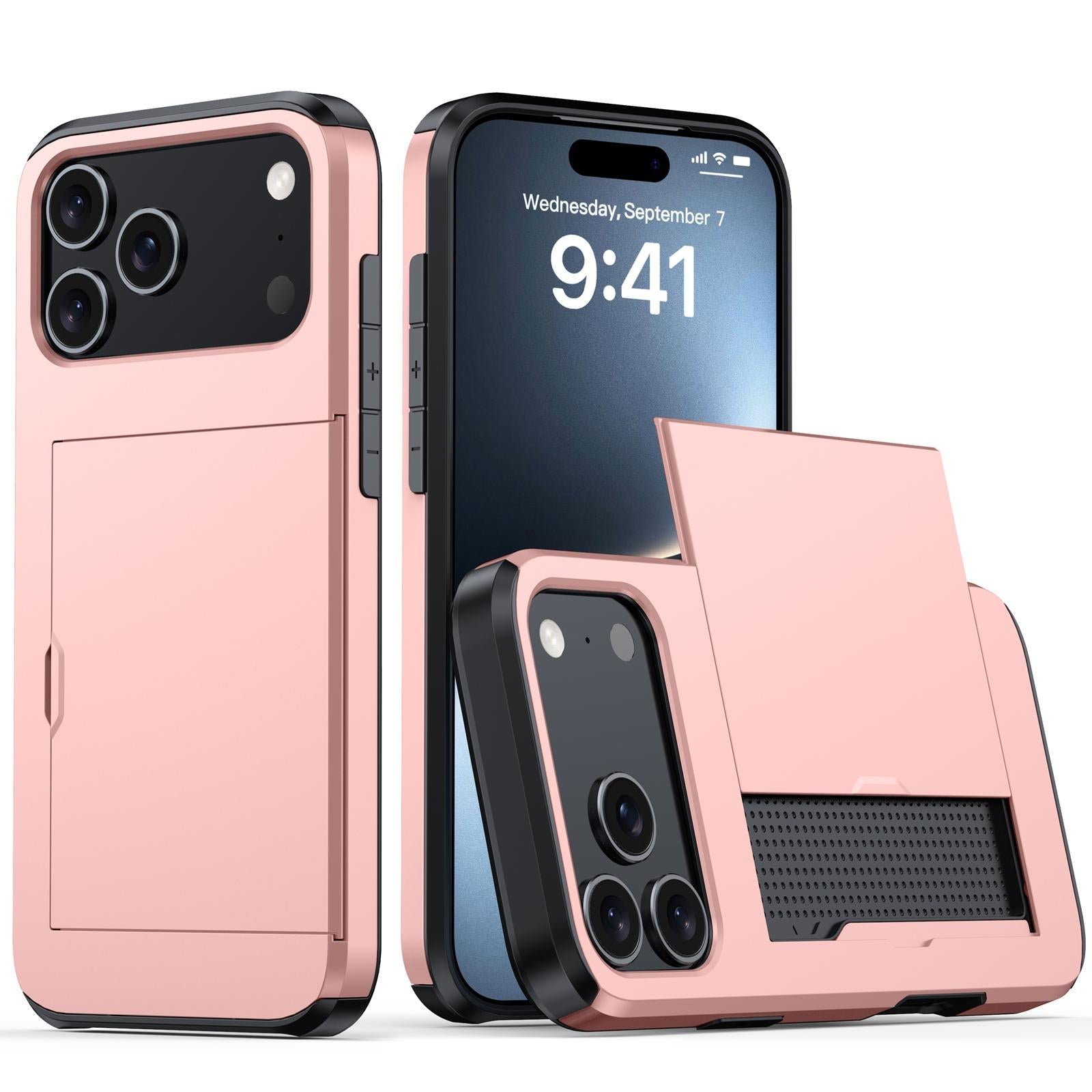 Compatible with iPhone 18 Pro Shockproof Armor Phone Case with Card Slot - Rose Gold
